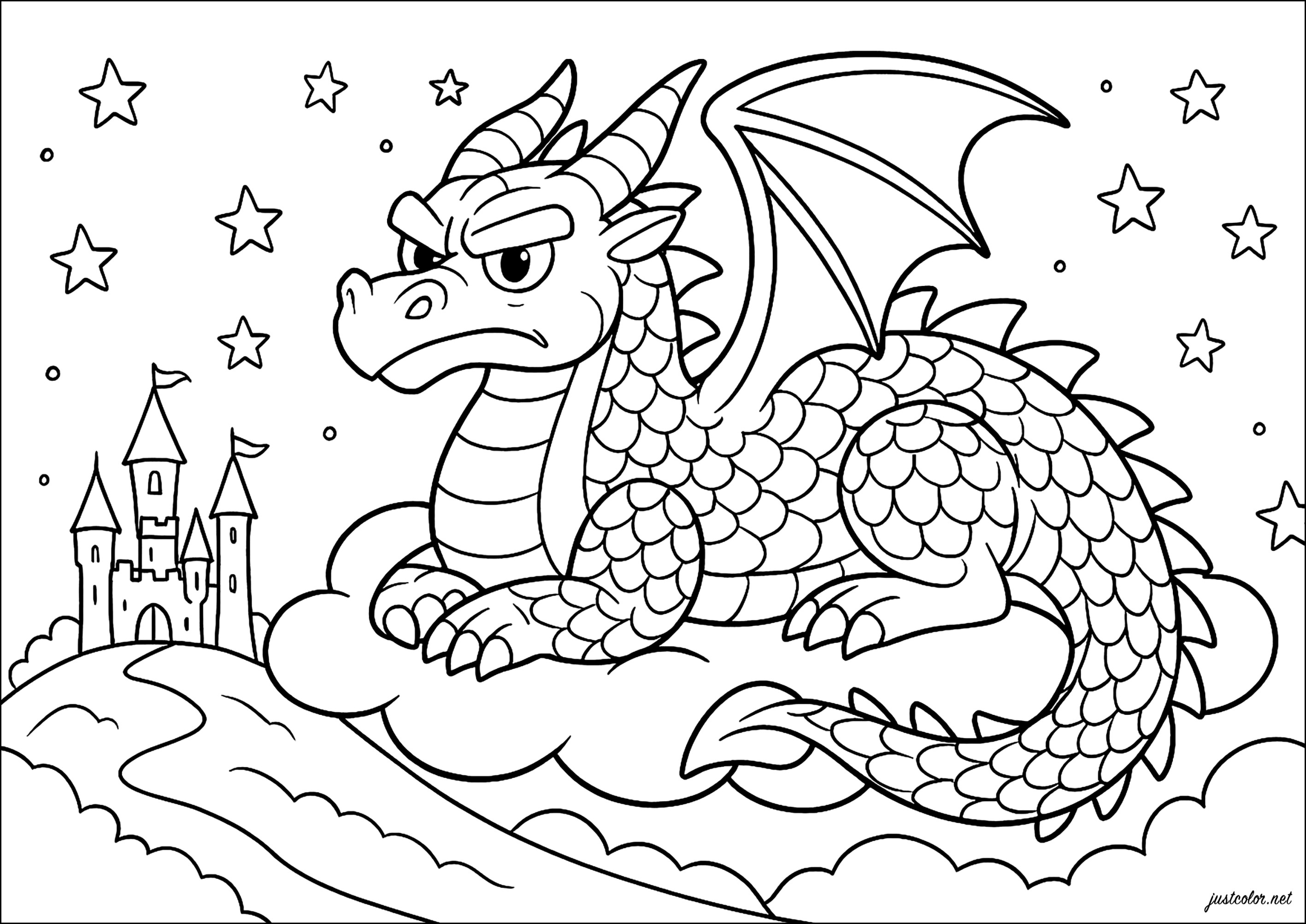 Majestätischer Drache auf seiner Wolke (Ausmalbild von Ritter und Drachen zum Ausdrucken und Ausmalen für Kinder)