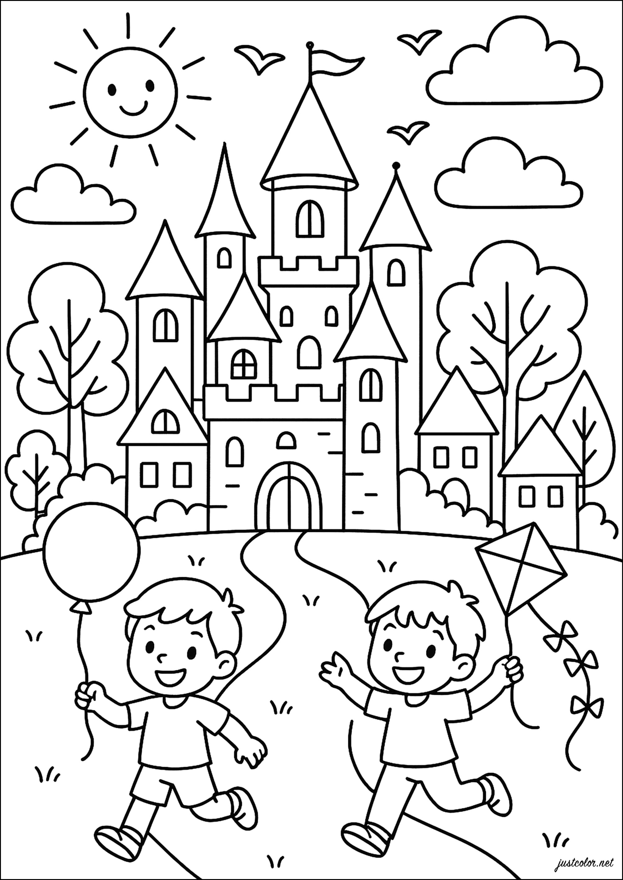 Fröhliches Abenteuer vor einem Schloss (Ausmalbild von Ritter und Drachen zum Ausdrucken und Ausmalen für Kinder)