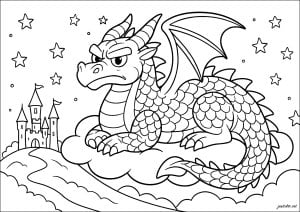 Majestätischer Drache auf seiner Wolke (Ausmalbild von Ritter und Drachen)