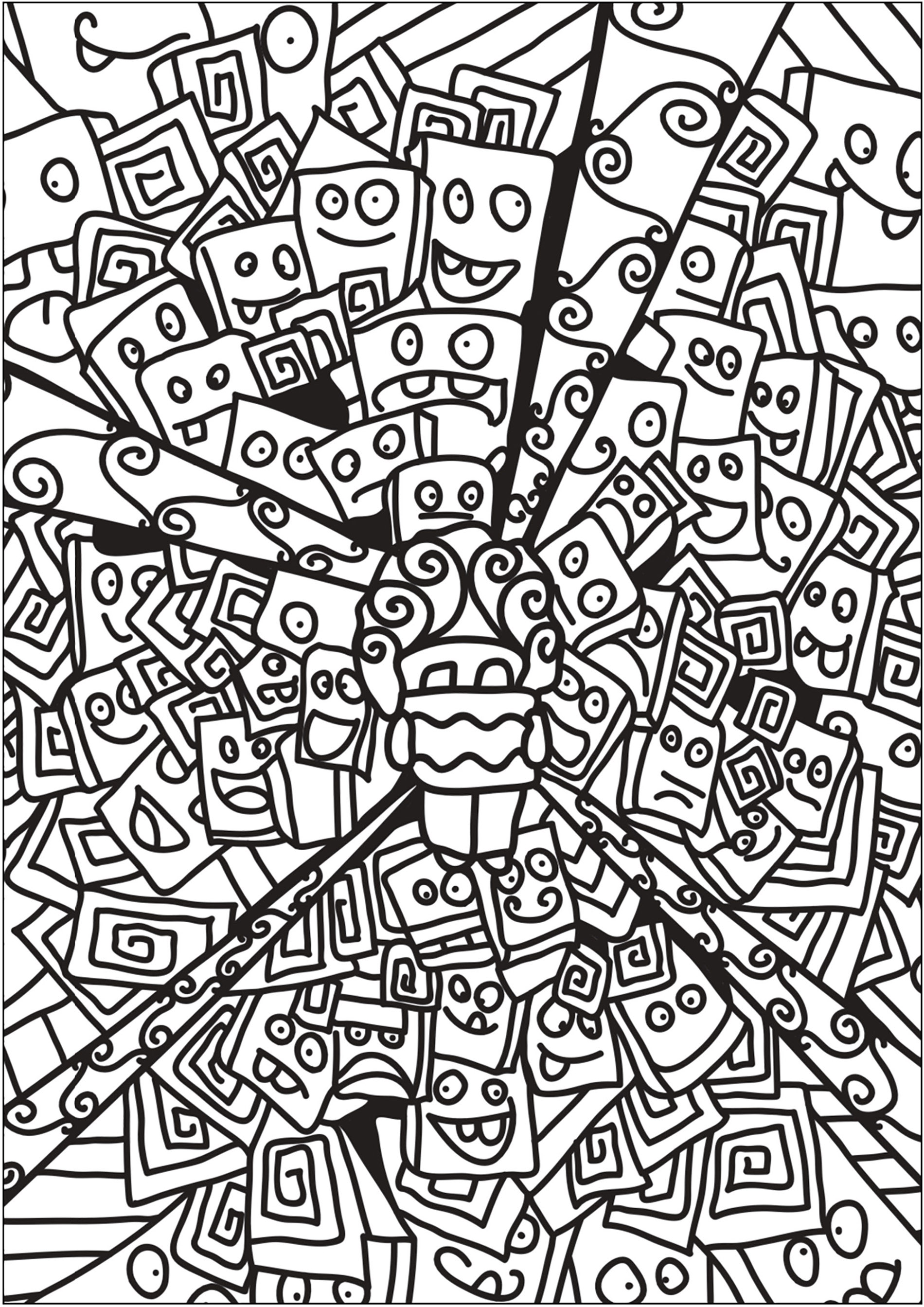 Doodle-Zeichnung mit vielen Roboterköpfen. (Ausmalbild von Robots zum Ausdrucken und Ausmalen für Kinder)