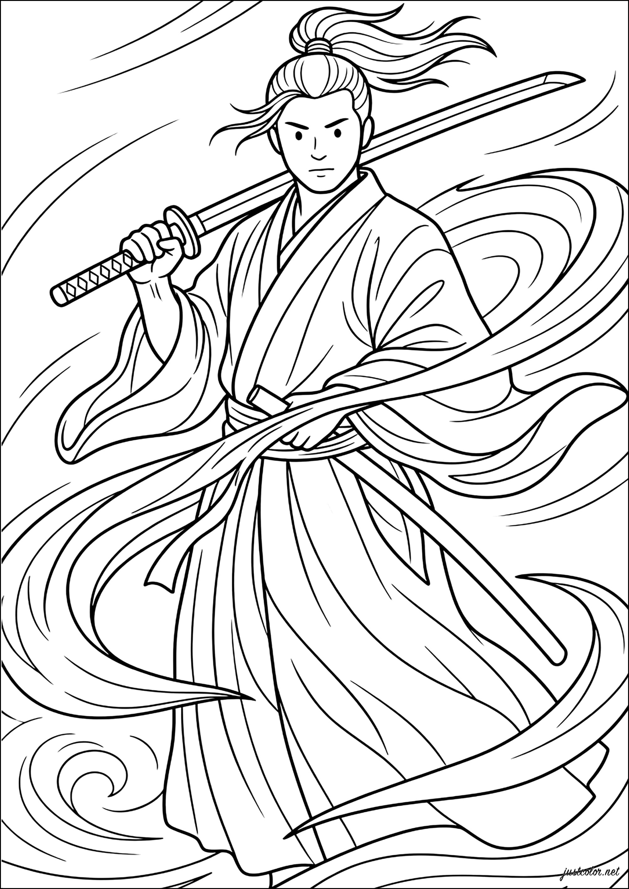 In einem Wirbel (Ausmalbild von Samurai zum Ausdrucken und Ausmalen für Kinder)