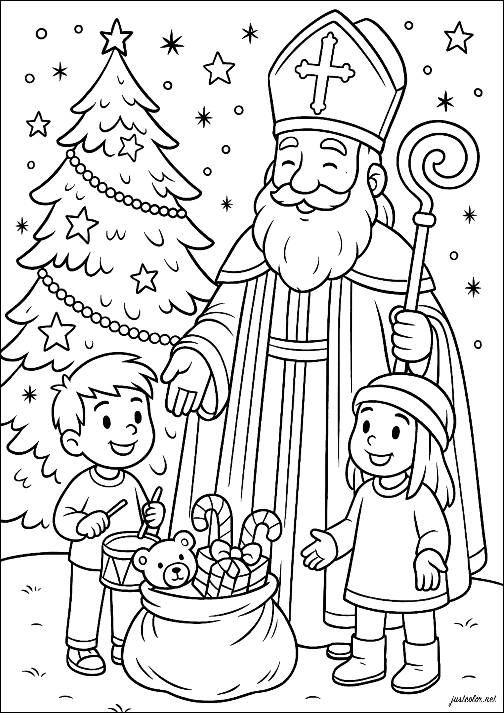 Festive Begegnung mit dem Heiligen Nikolaus (Ausmalbild von Sankt Nikolaus zum Ausdrucken und Ausmalen für Kinder)
