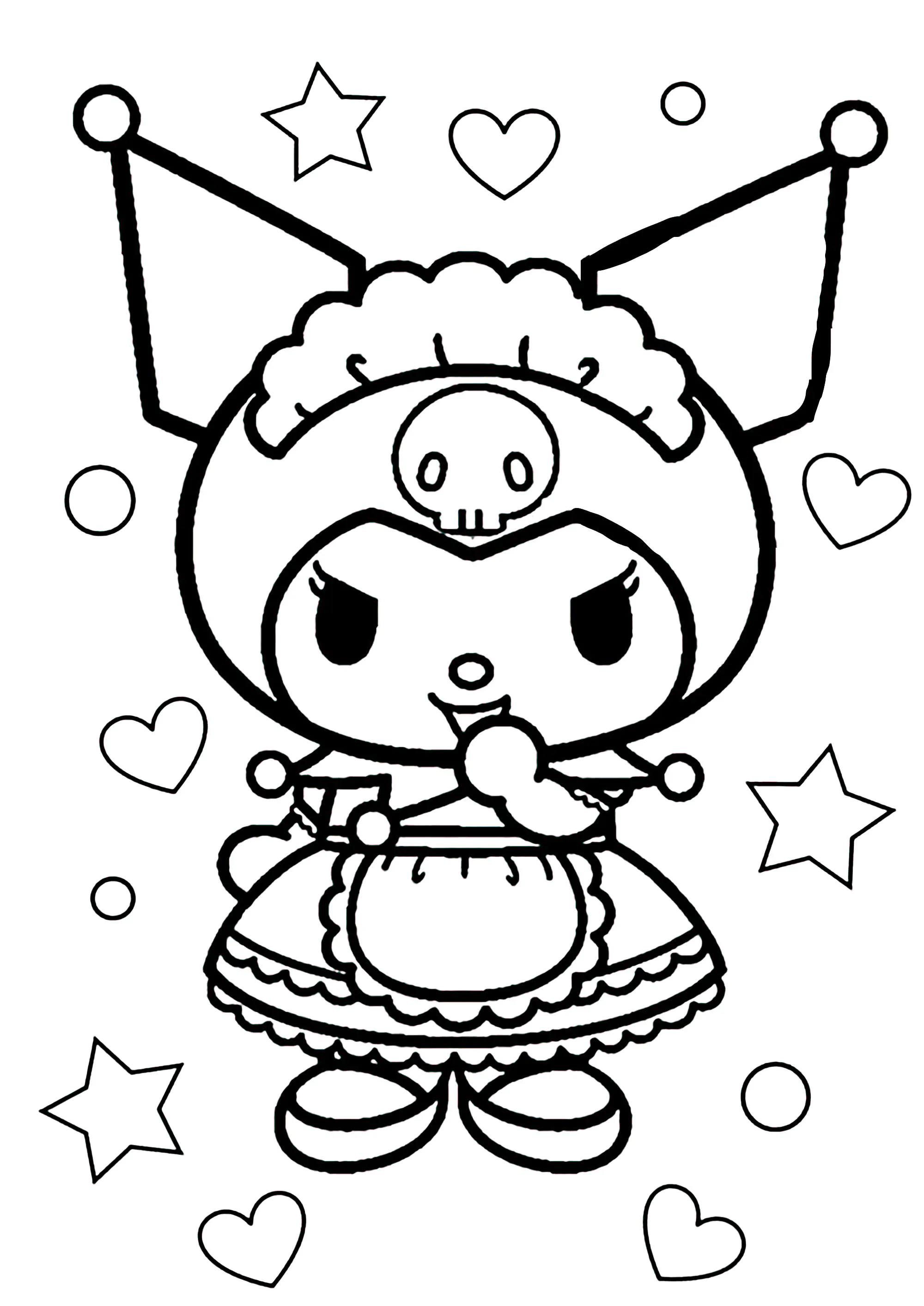 Kuromi ist von Herzen und Sternen umgeben. (Ausmalbild von Sanrio zum Ausdrucken und Ausmalen für Kinder)