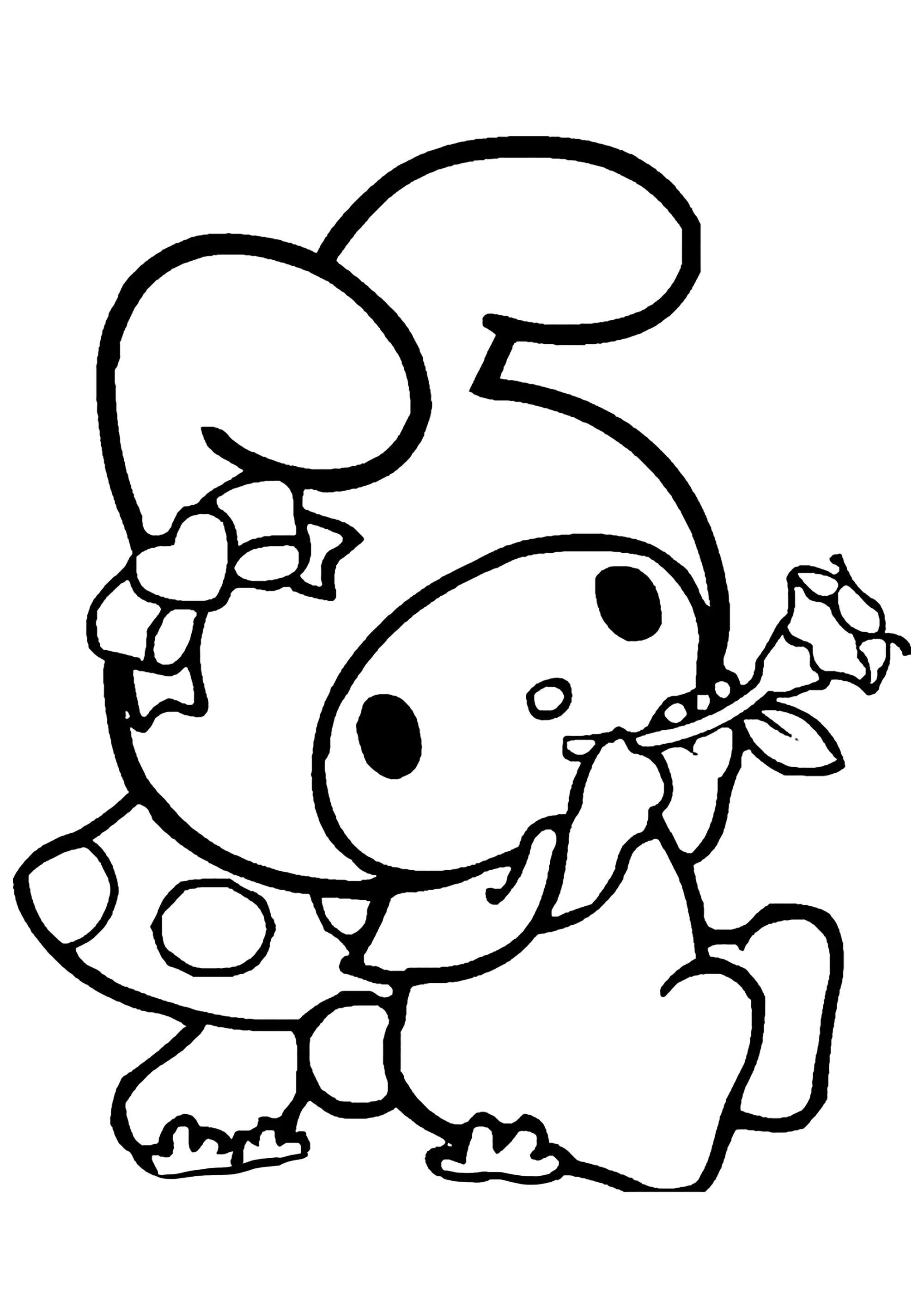 Meine Melodie spielt Musik gegen einen Pilz. (Ausmalbild von Sanrio zum Ausdrucken und Ausmalen für Kinder)