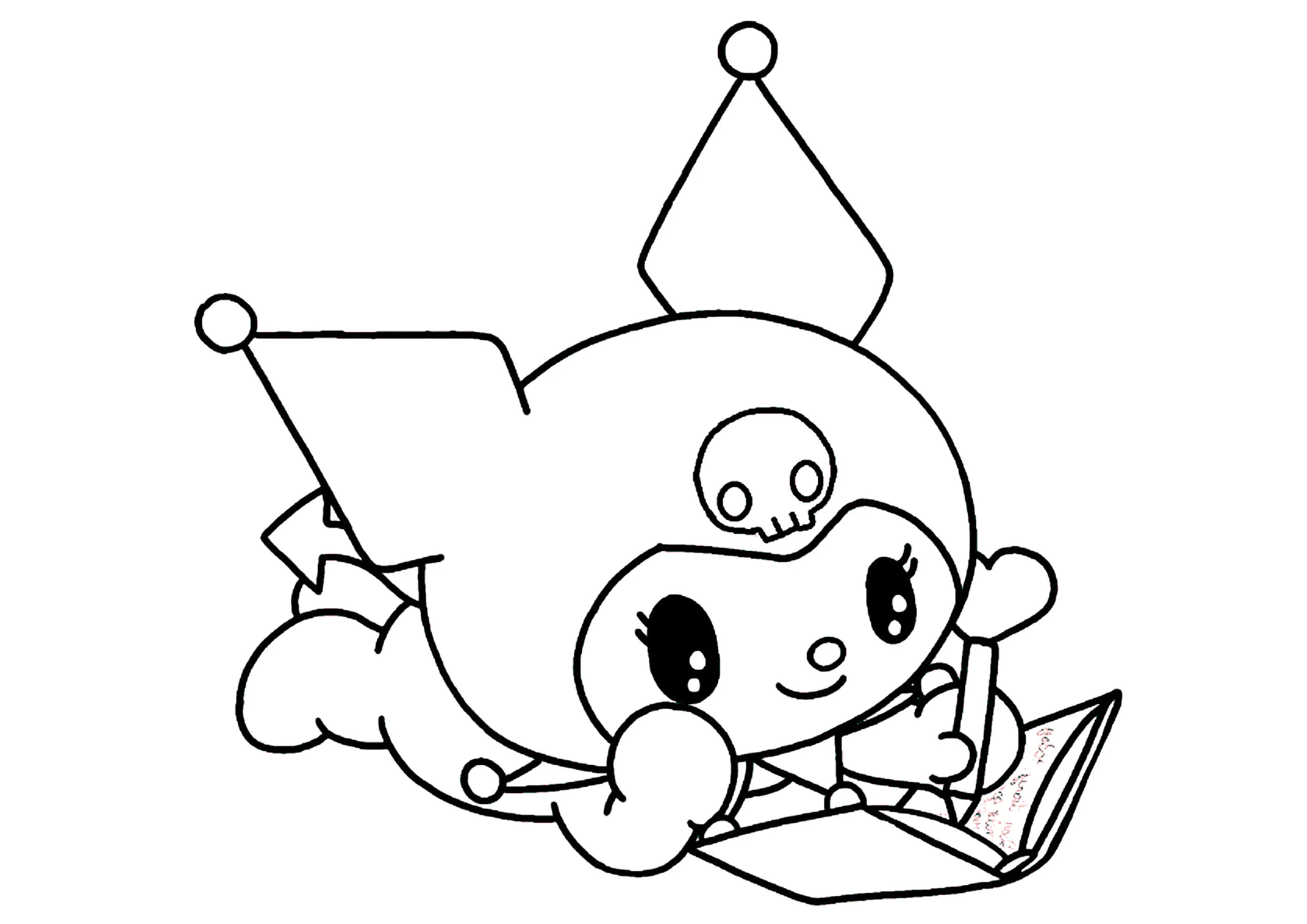 Kuromi vertieft in der Lektüre (Ausmalbild von Sanrio zum Ausdrucken und Ausmalen für Kinder)