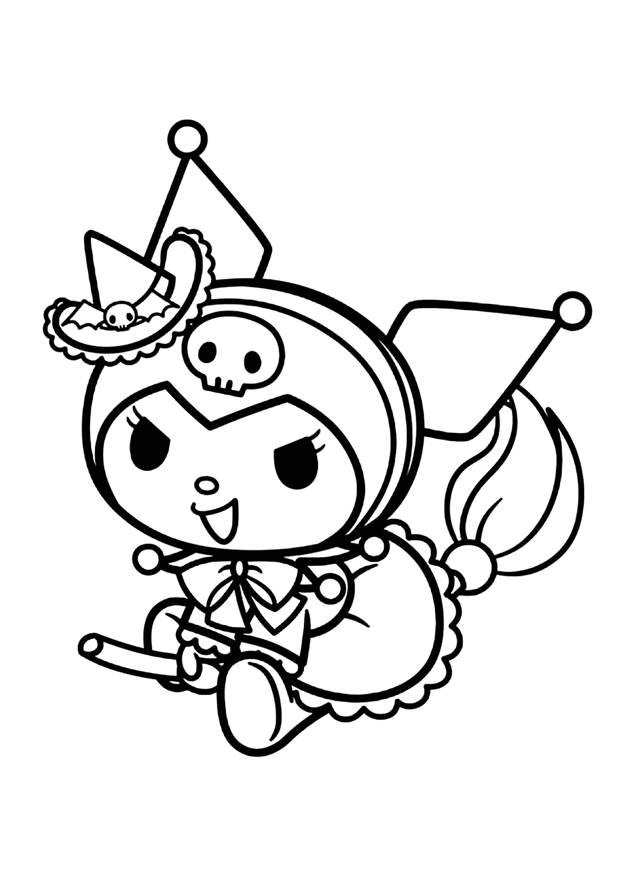 Kuromi, die kleine Hexe auf ihrem Besen (Ausmalbild von Sanrio zum Ausdrucken und Ausmalen für Kinder)