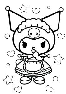 Kuromi ist von Herzen und Sternen umgeben. (Ausmalbild von Sanrio)
