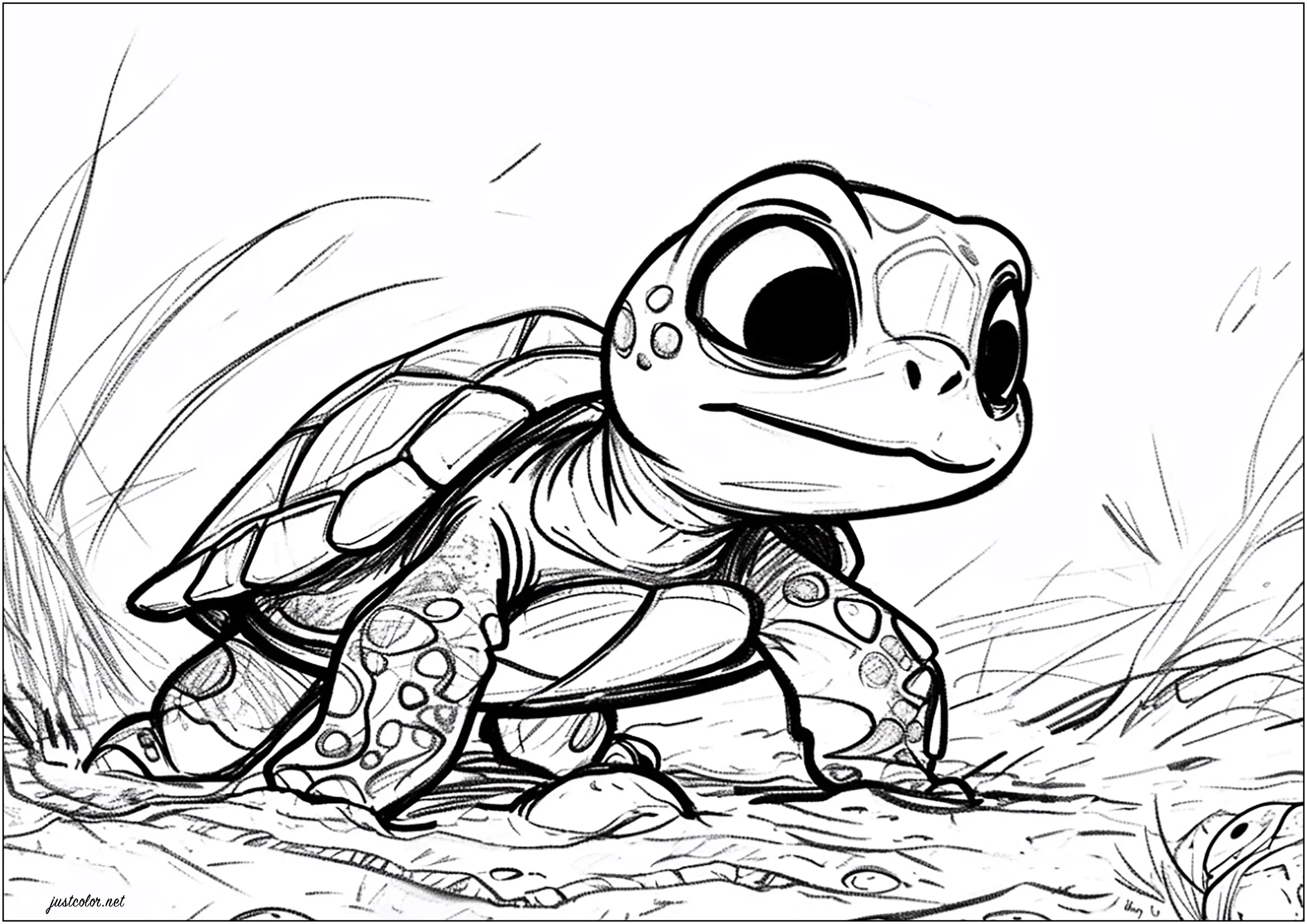 Hübsche Zeichnung einer jungen Schildkröte. (Ausmalbild von Schildkröten zum Ausdrucken und Ausmalen für Kinder)