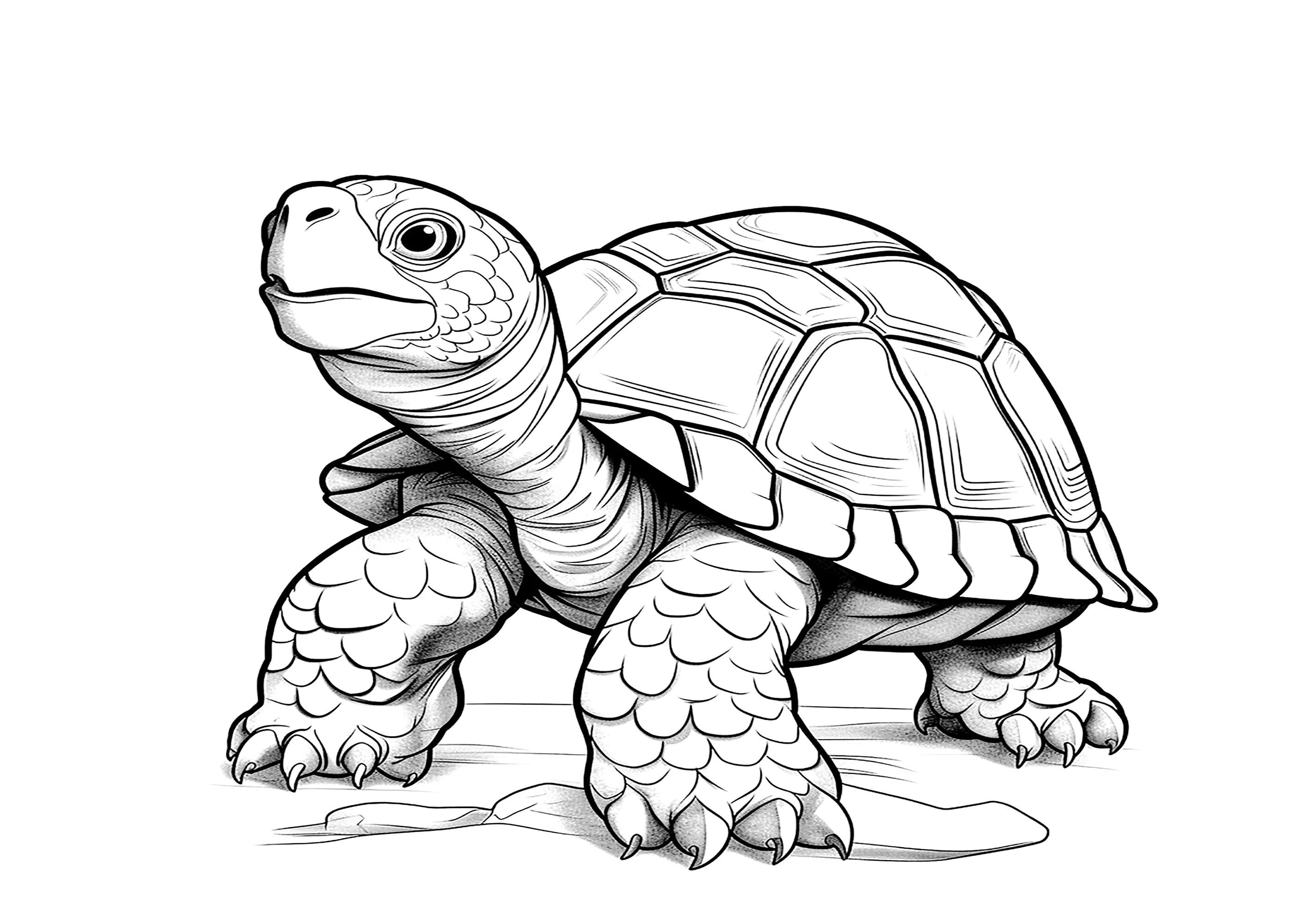 Realistische Zeichnung einer hübschen Schildkröte. (Ausmalbild von Schildkröten zum Ausdrucken und Ausmalen für Kinder)
