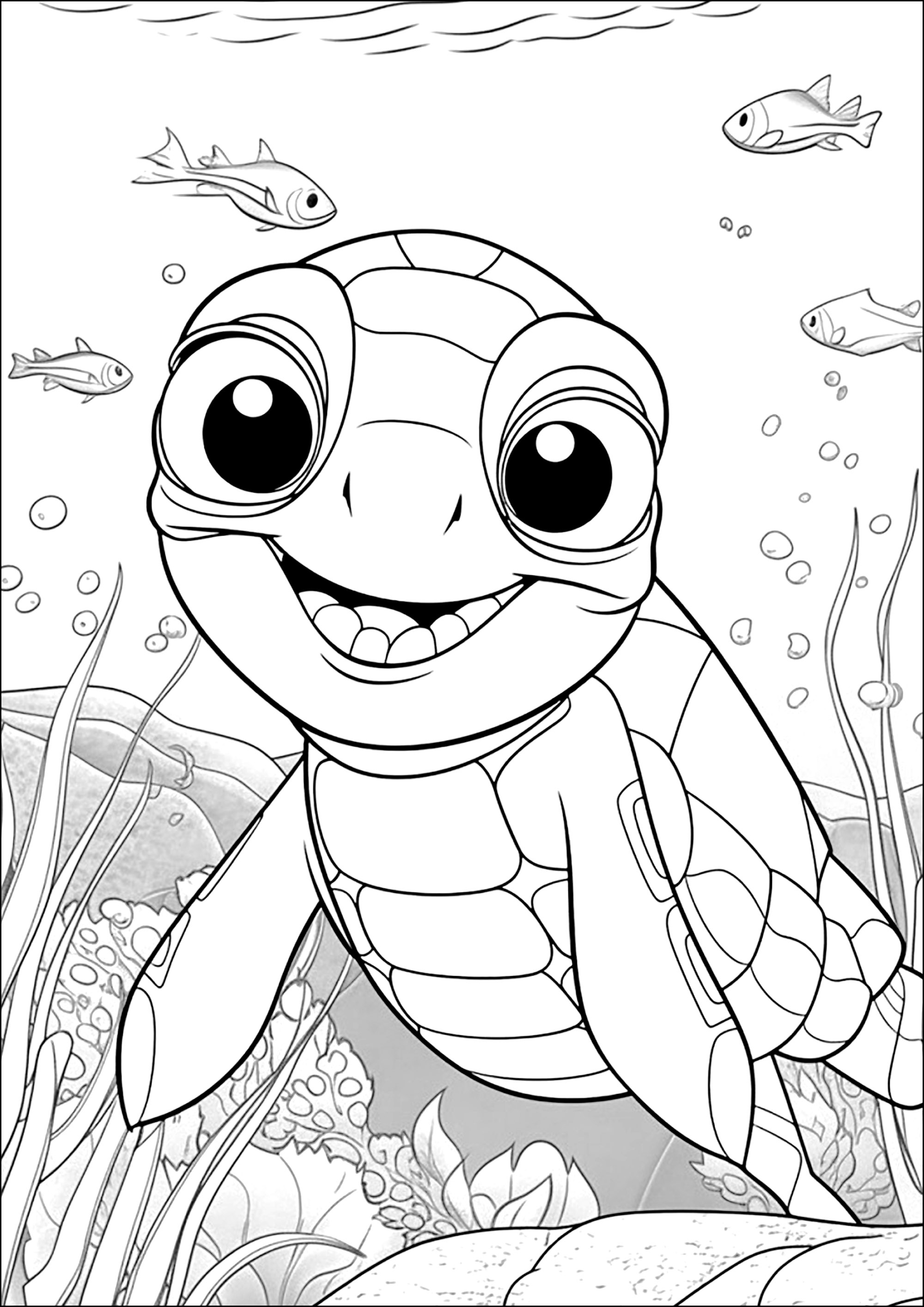 Kleine Schildkröte schwimmt inmitten von Fischen. (Ausmalbild von Schildkröten zum Ausdrucken und Ausmalen für Kinder)