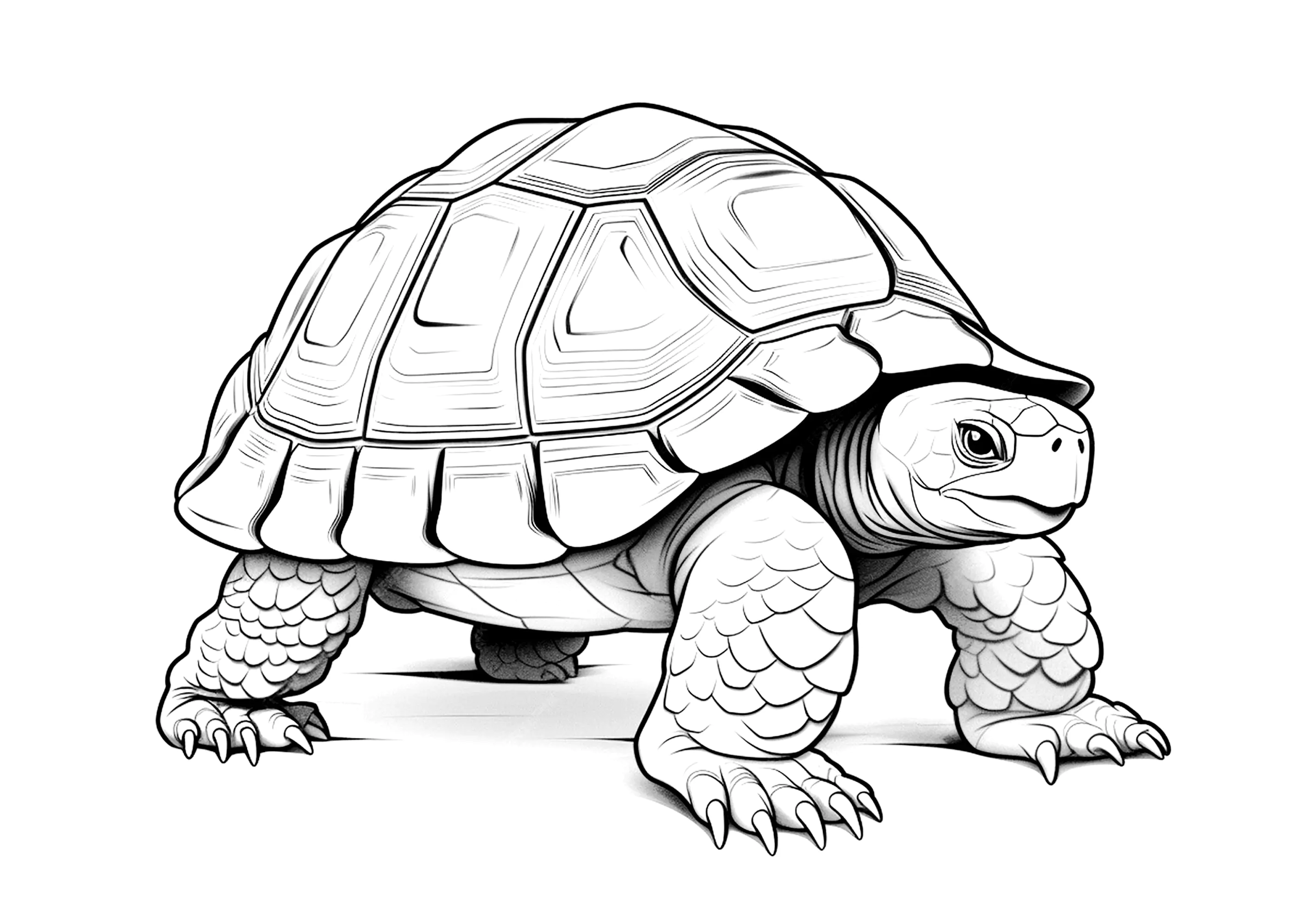 Realistische Zeichnung einer alten Schildkröte. (Ausmalbild von Schildkröten zum Ausdrucken und Ausmalen für Kinder)