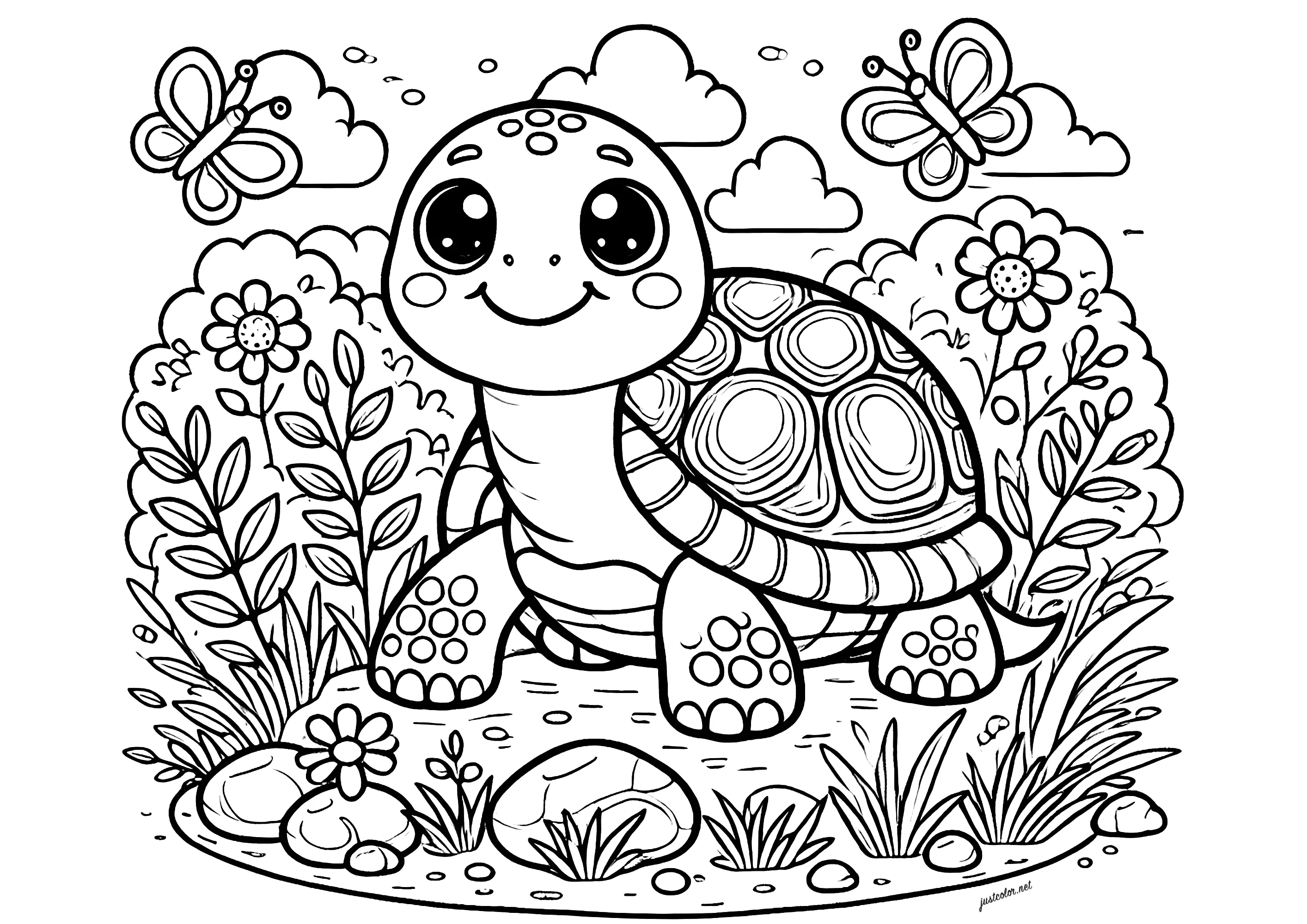 Sehr niedliche und lächelnde Schildkröte mit Schmetterlingen (Ausmalbild von Schildkröten zum Ausdrucken und Ausmalen für Kinder)