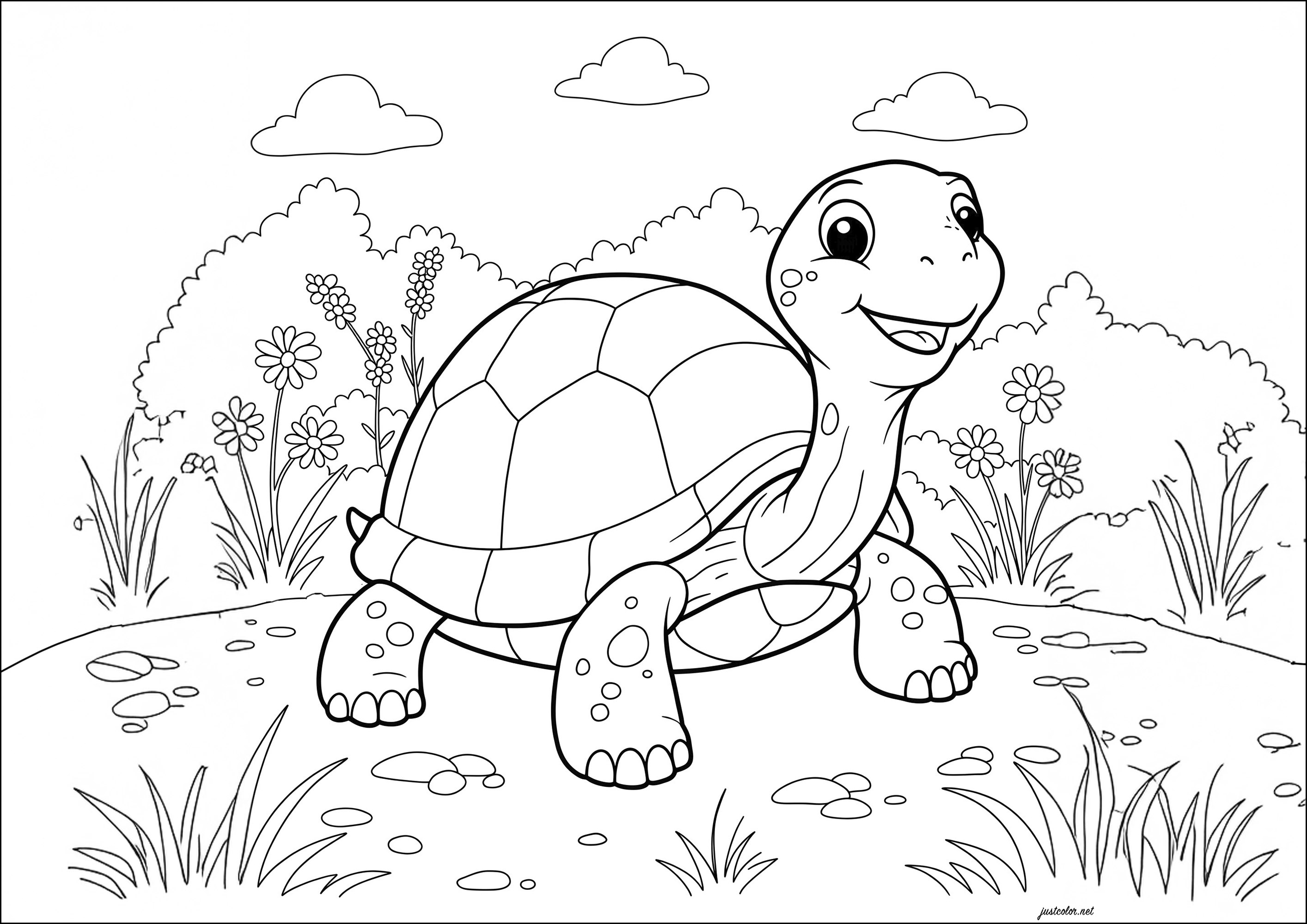 Lächelnde Schildkröte (Ausmalbild von Schildkröten zum Ausdrucken und Ausmalen für Kinder)