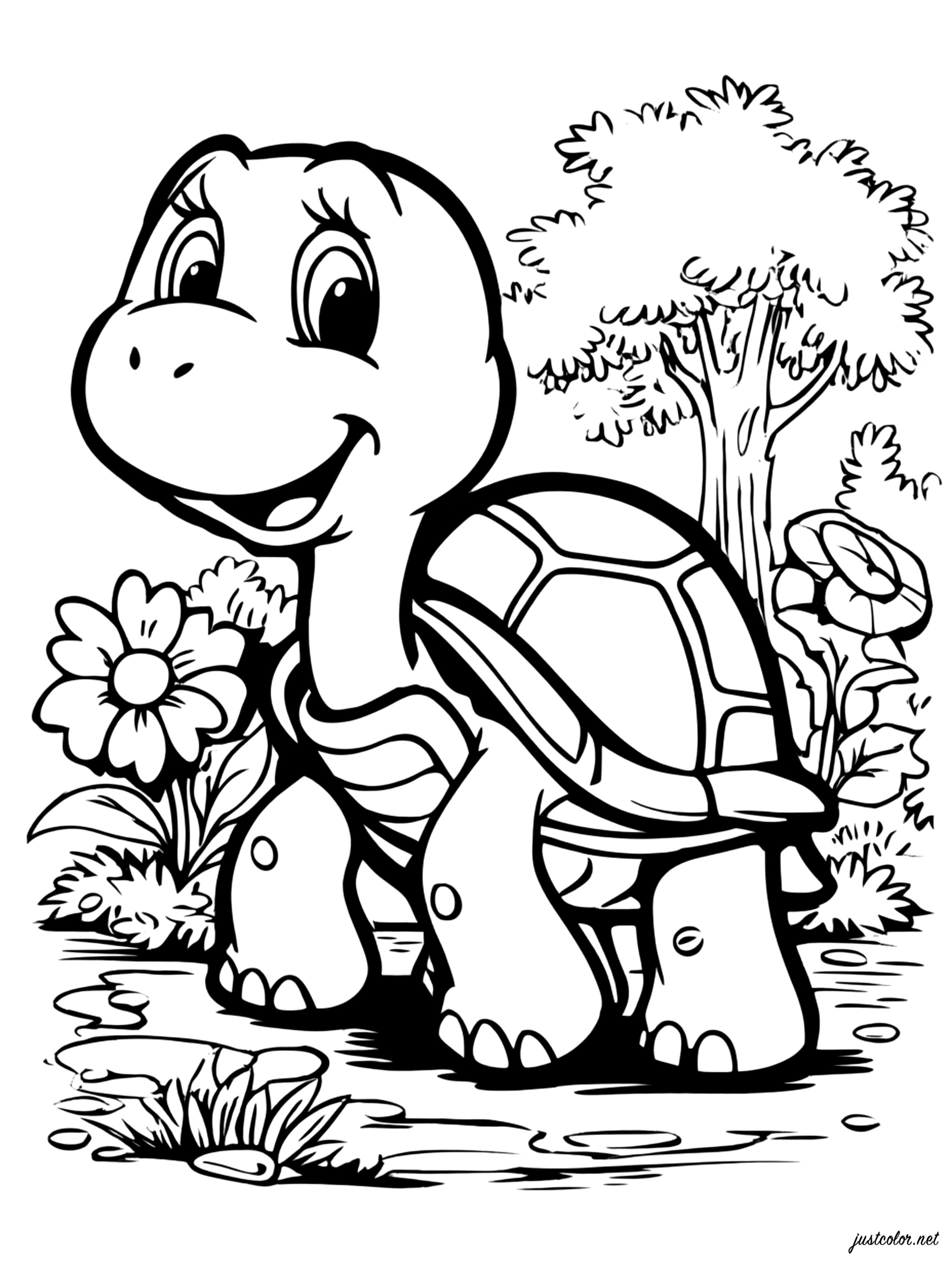 Eine fröhliche Schildkröte (Ausmalbild von Schildkröten zum Ausdrucken und Ausmalen für Kinder)