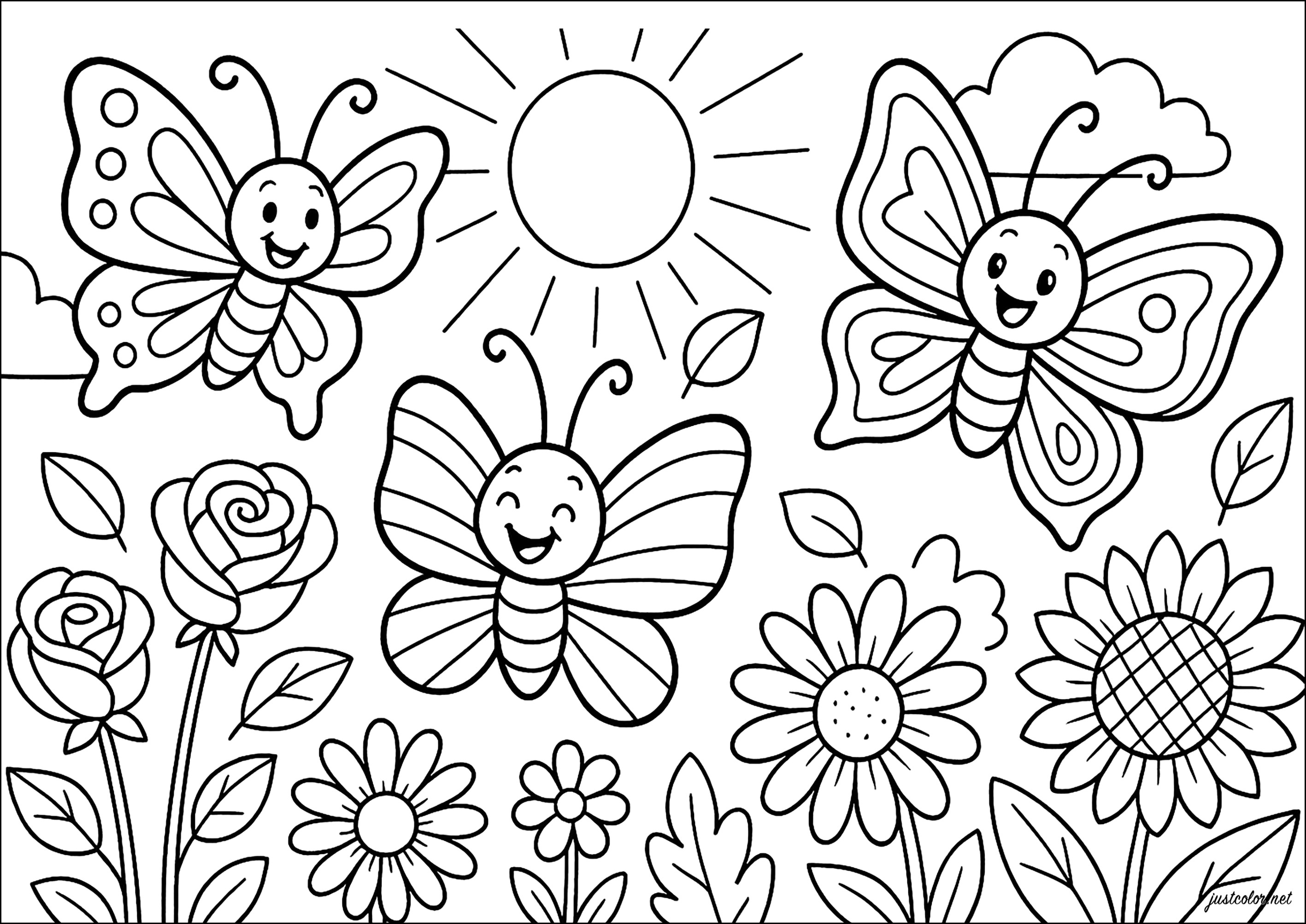Drei hübsche Schmetterlinge (Ausmalbild zum Ausdrucken und Ausmalen für Kinder)