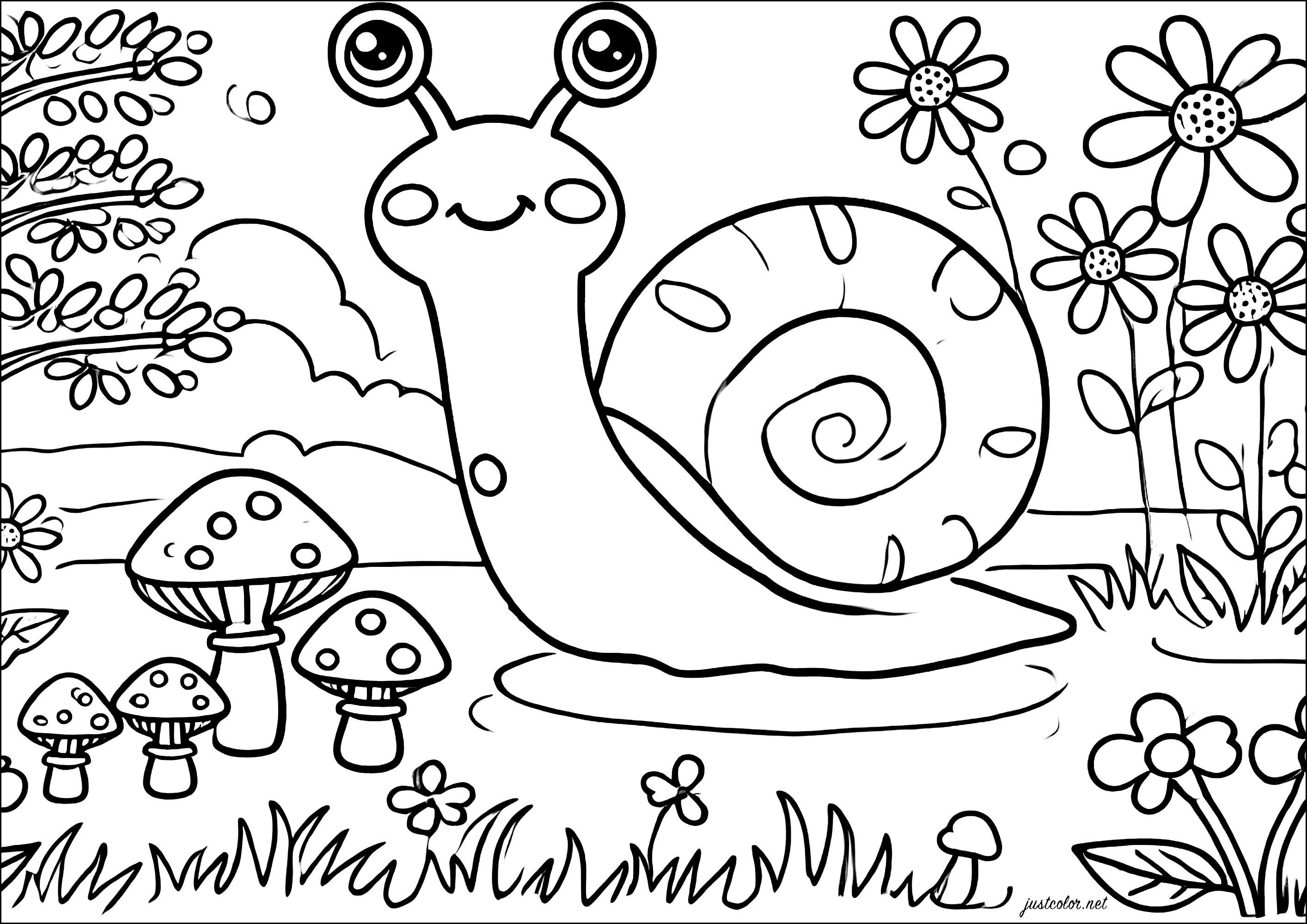 Schnecke mit großen Augen (Ausmalbild zum Ausdrucken und Ausmalen für Kinder)