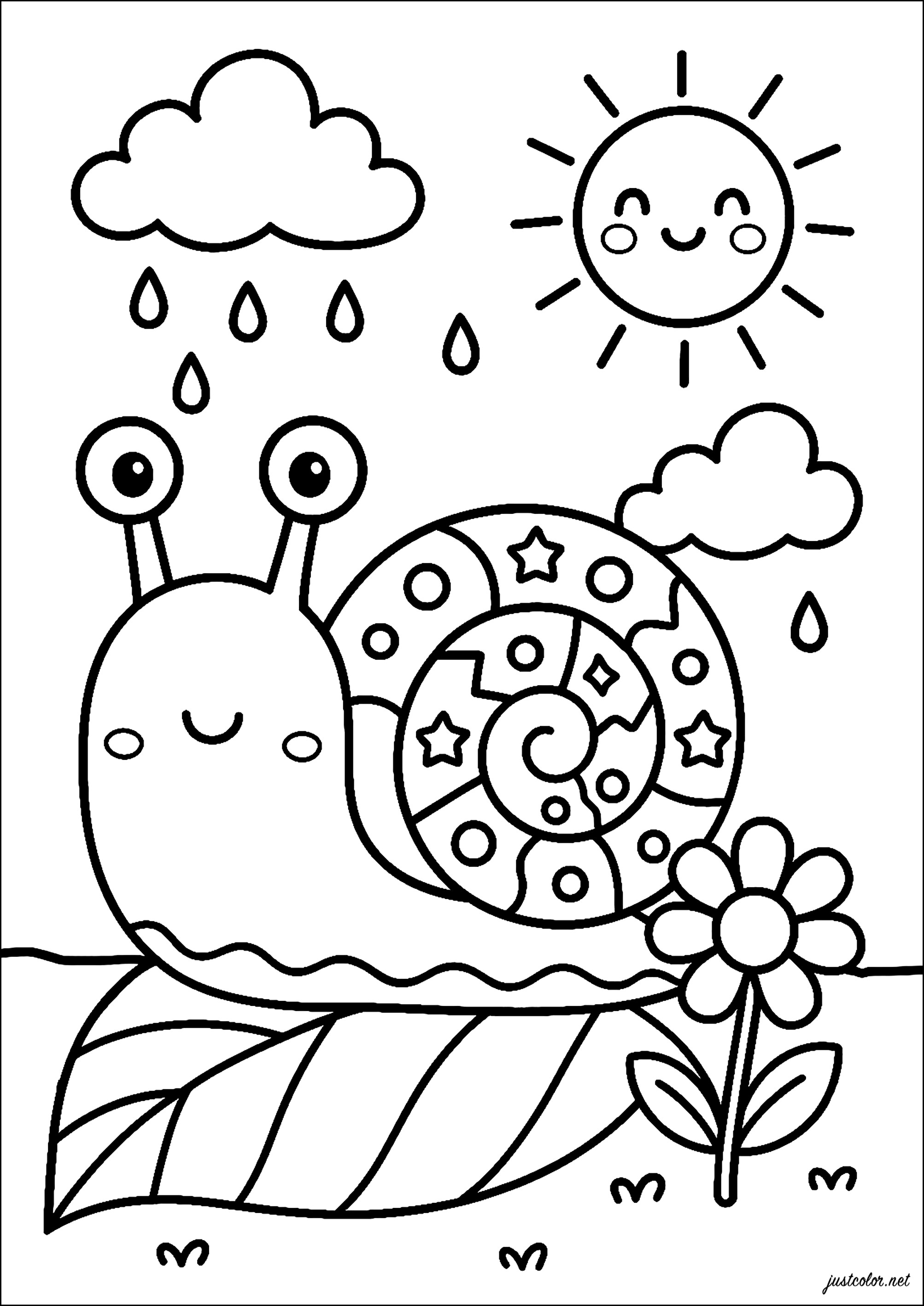Schnecke auf einem Blatt, mit geometrischen Formen (Ausmalbild zum Ausdrucken und Ausmalen für Kinder)
