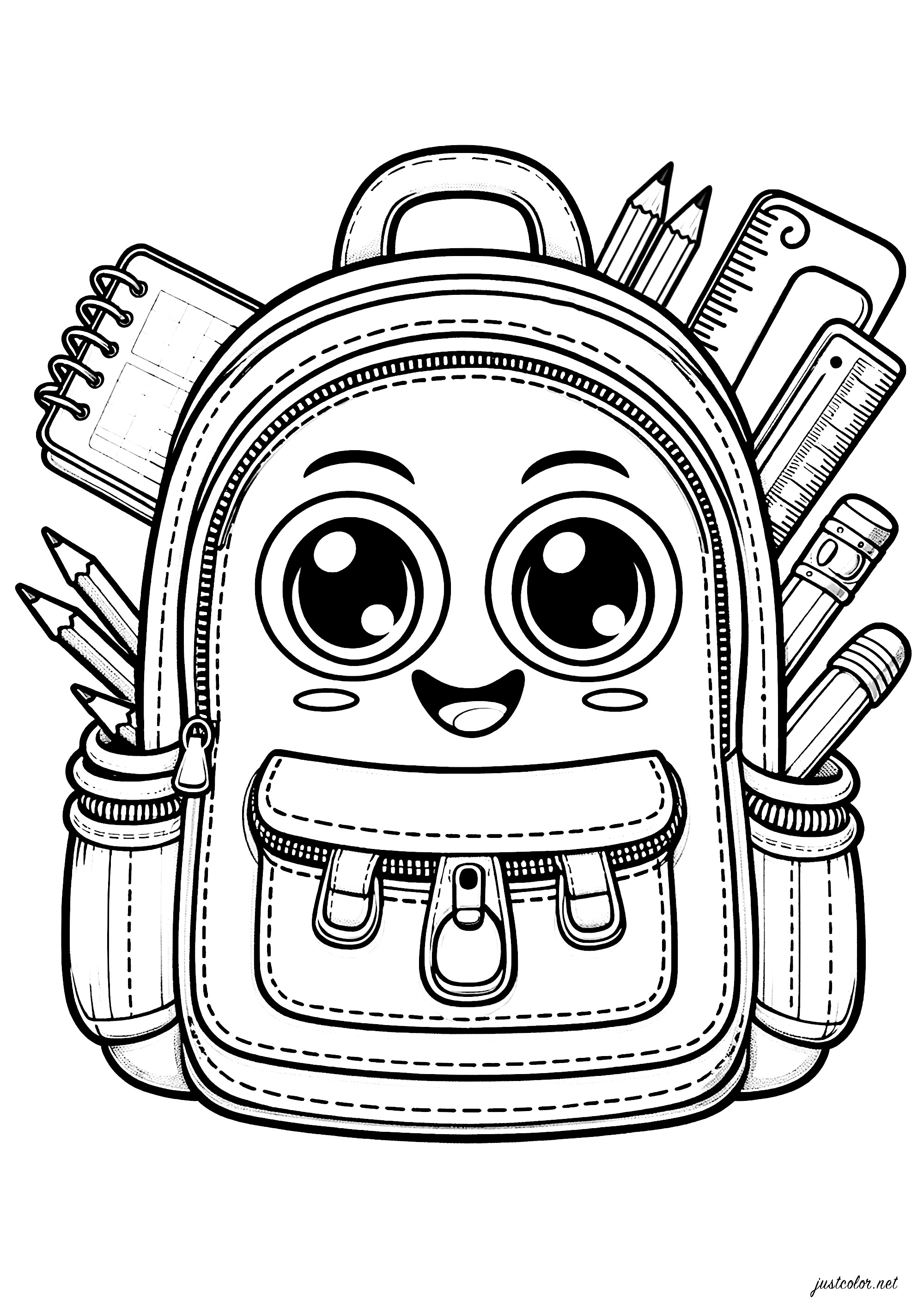 Kawaii-Stil Schulranzen und Schulmaterialien (Ausmalbild von Schulanfang zum Ausdrucken und Ausmalen für Kinder)