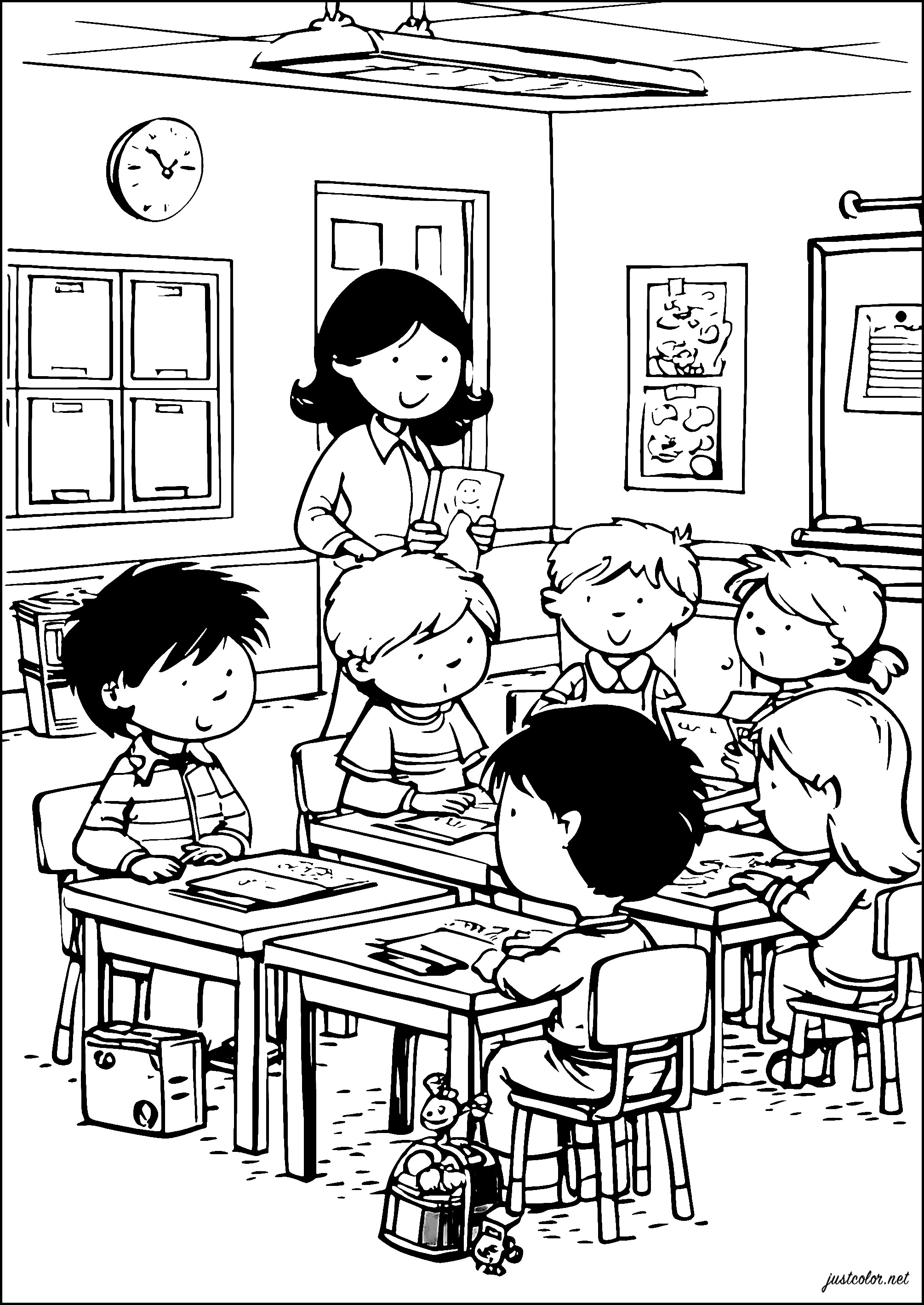 Lachen und Lernen in der Klasse (Ausmalbild von Schulanfang zum Ausdrucken und Ausmalen für Kinder)