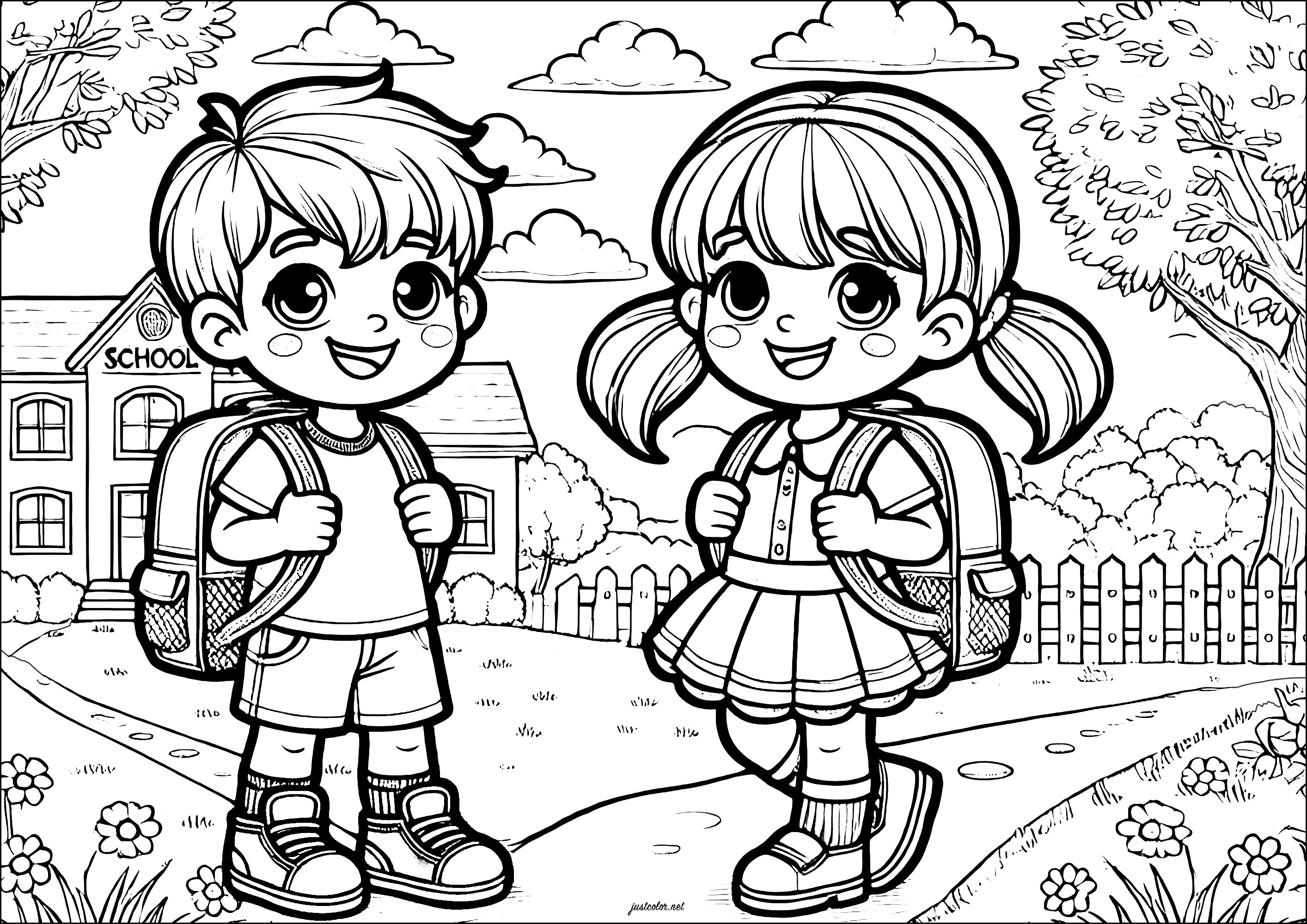 Zwei Schulkinder bereit für den Schulanfang - Ausmalbilder von