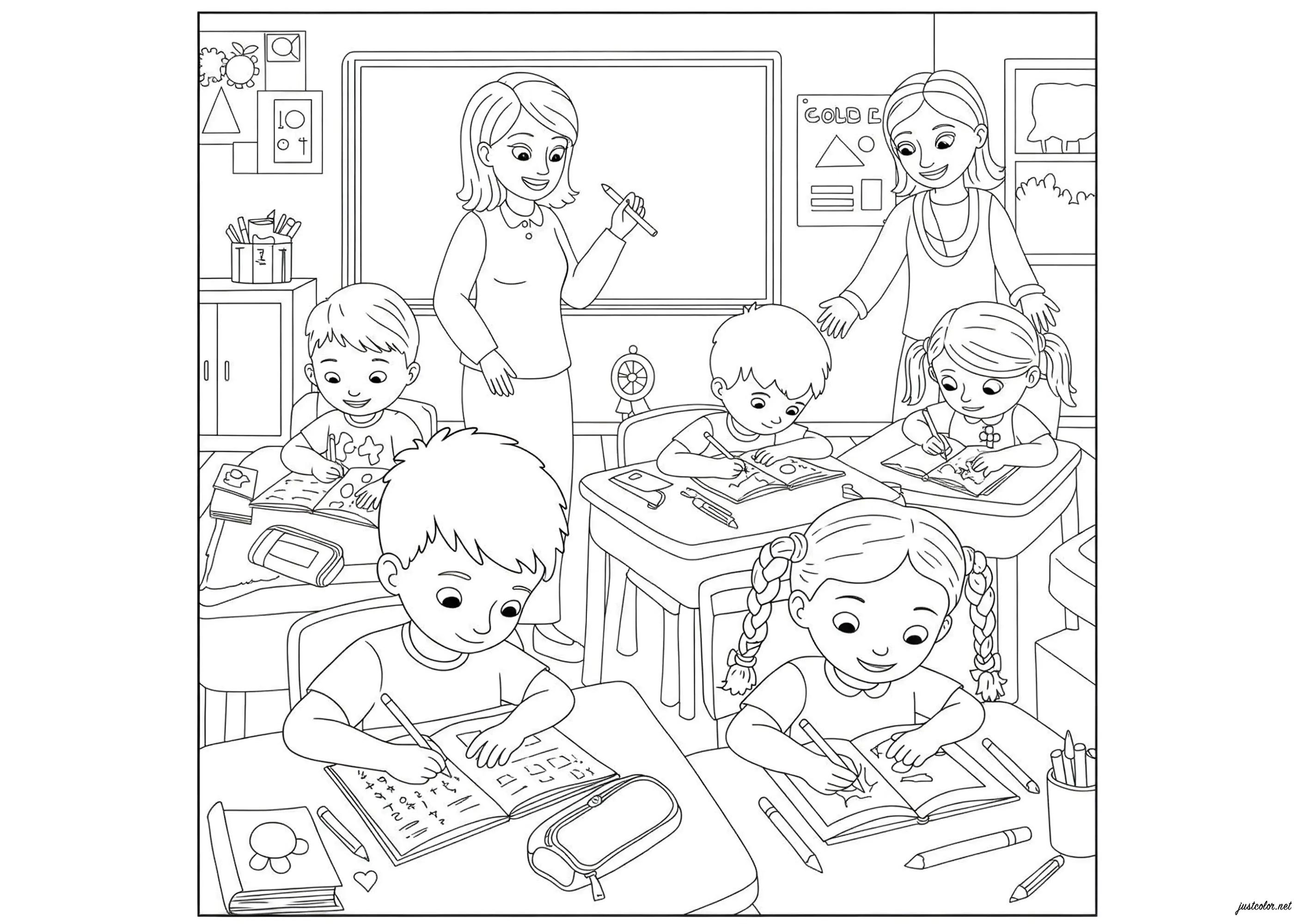 Eine sehr fleißige Klasse (Ausmalbild von Schulanfang zum Ausdrucken und Ausmalen für Kinder)