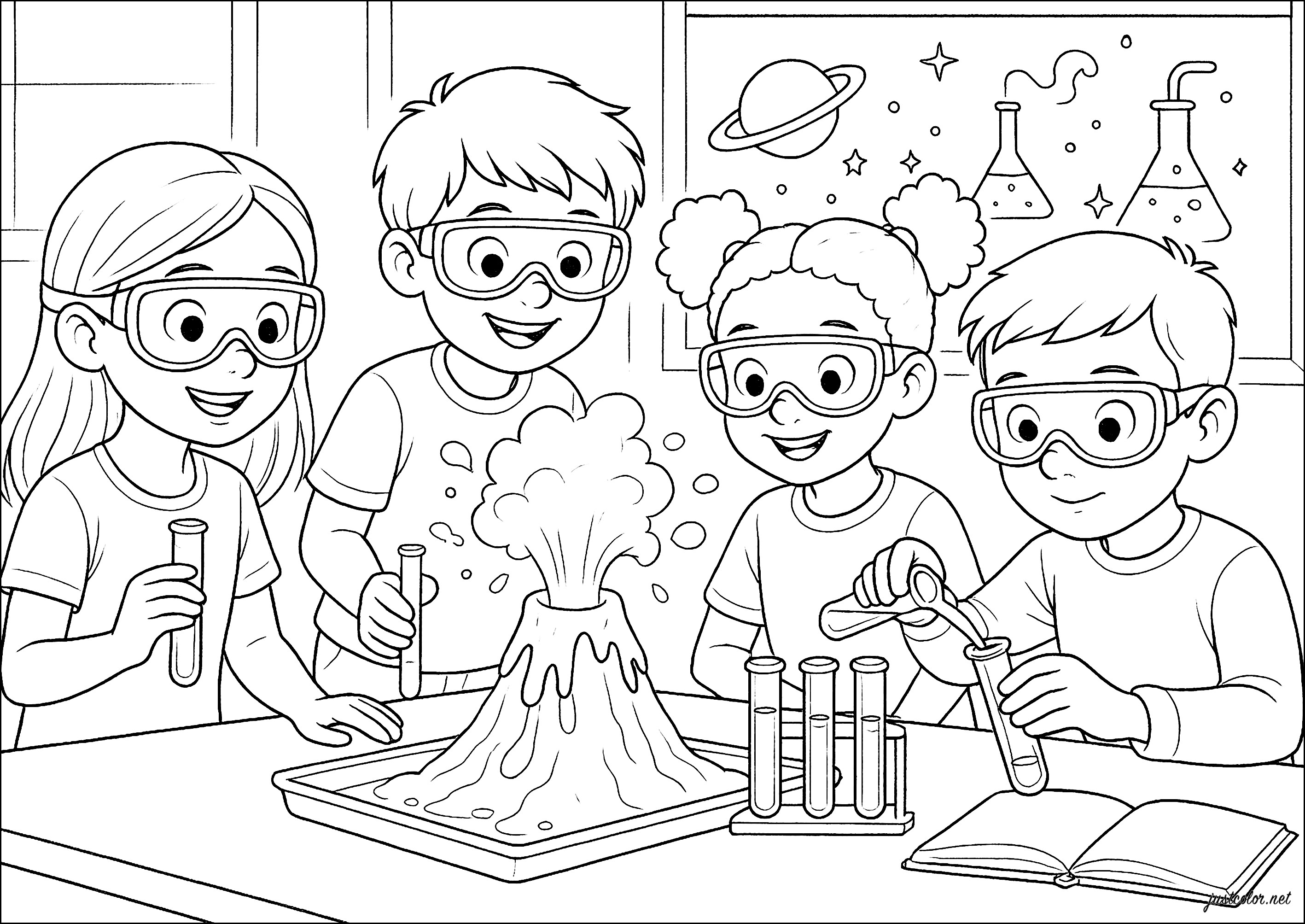 Wissenschaftliche Erkundung mit fröhlichen Freunden (Ausmalbild von Schulanfang zum Ausdrucken und Ausmalen für Kinder)