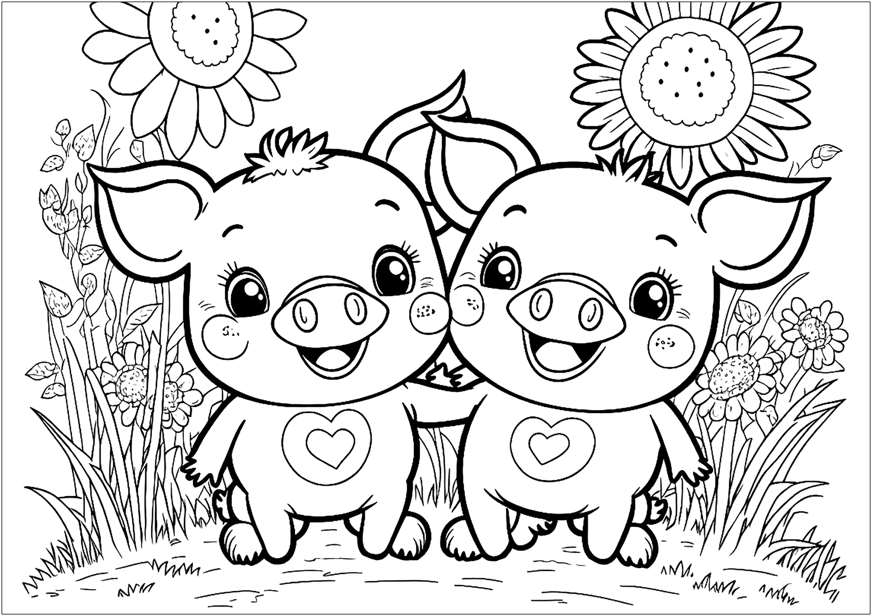 Zwei lustige Schweine (Ausmalbild zum Ausdrucken und Ausmalen für Kinder)
