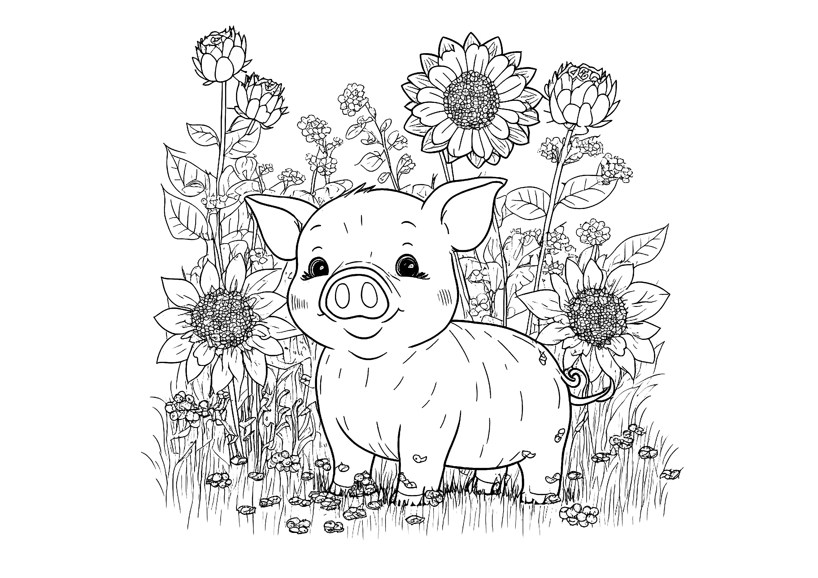 Schönes Schwein und Blumen (Ausmalbild von Schweine zum Ausdrucken und Ausmalen für Kinder)