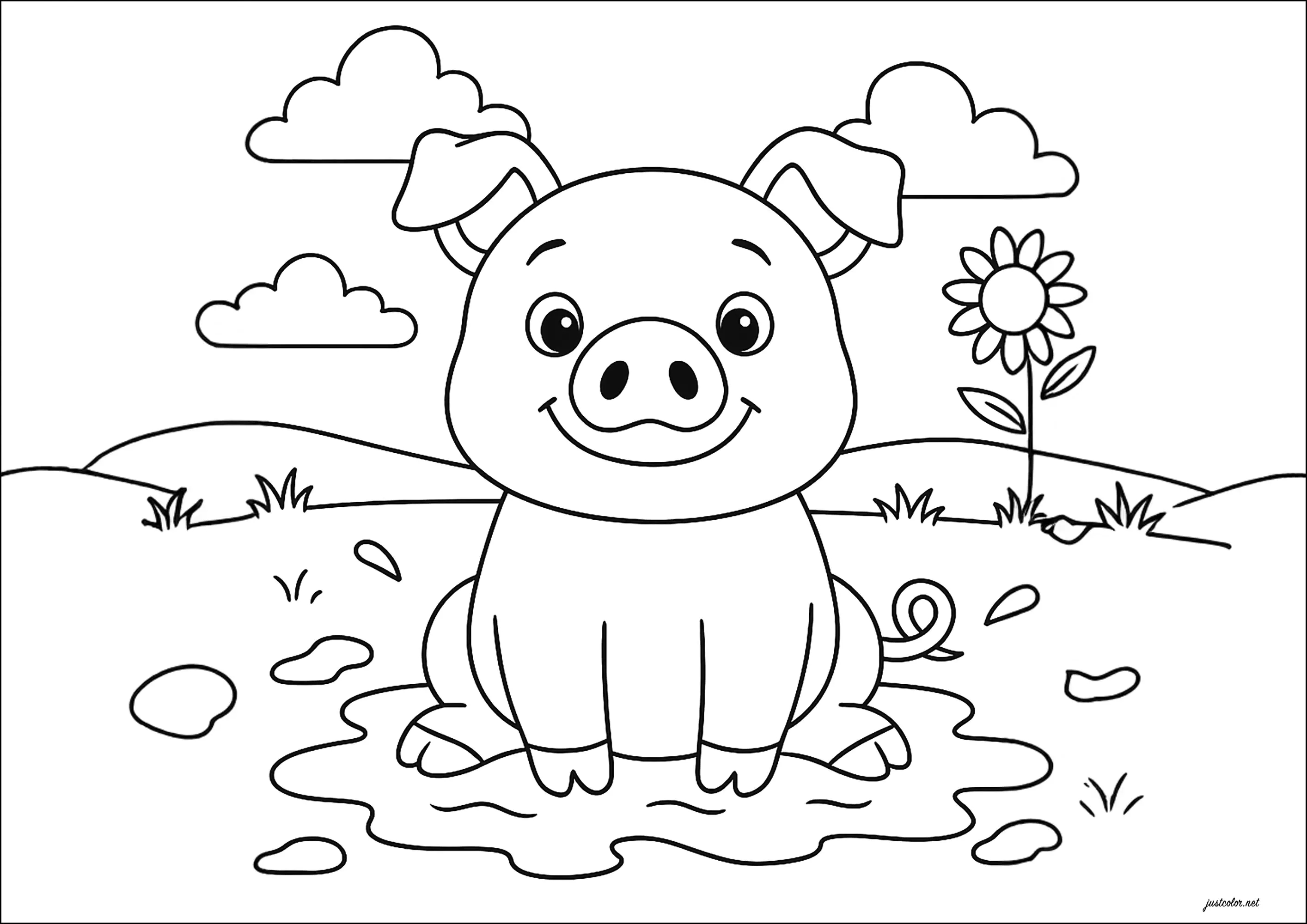 Schwein in seiner Schlammpfütze (Ausmalbild von Schweine zum Ausdrucken und Ausmalen für Kinder)