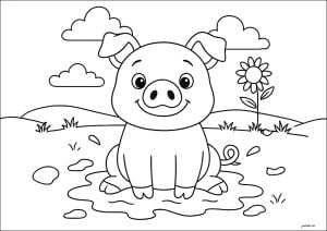 Schwein in seiner Schlammpfütze (Ausmalbild von Schweine)