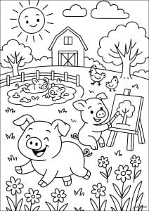 Fröhliche Schweine auf dem Bauernhof (Ausmalbild)