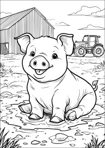 Kleines glückliches Schweinchen auf dem Bauernhof (Ausmalbild von Schweine)