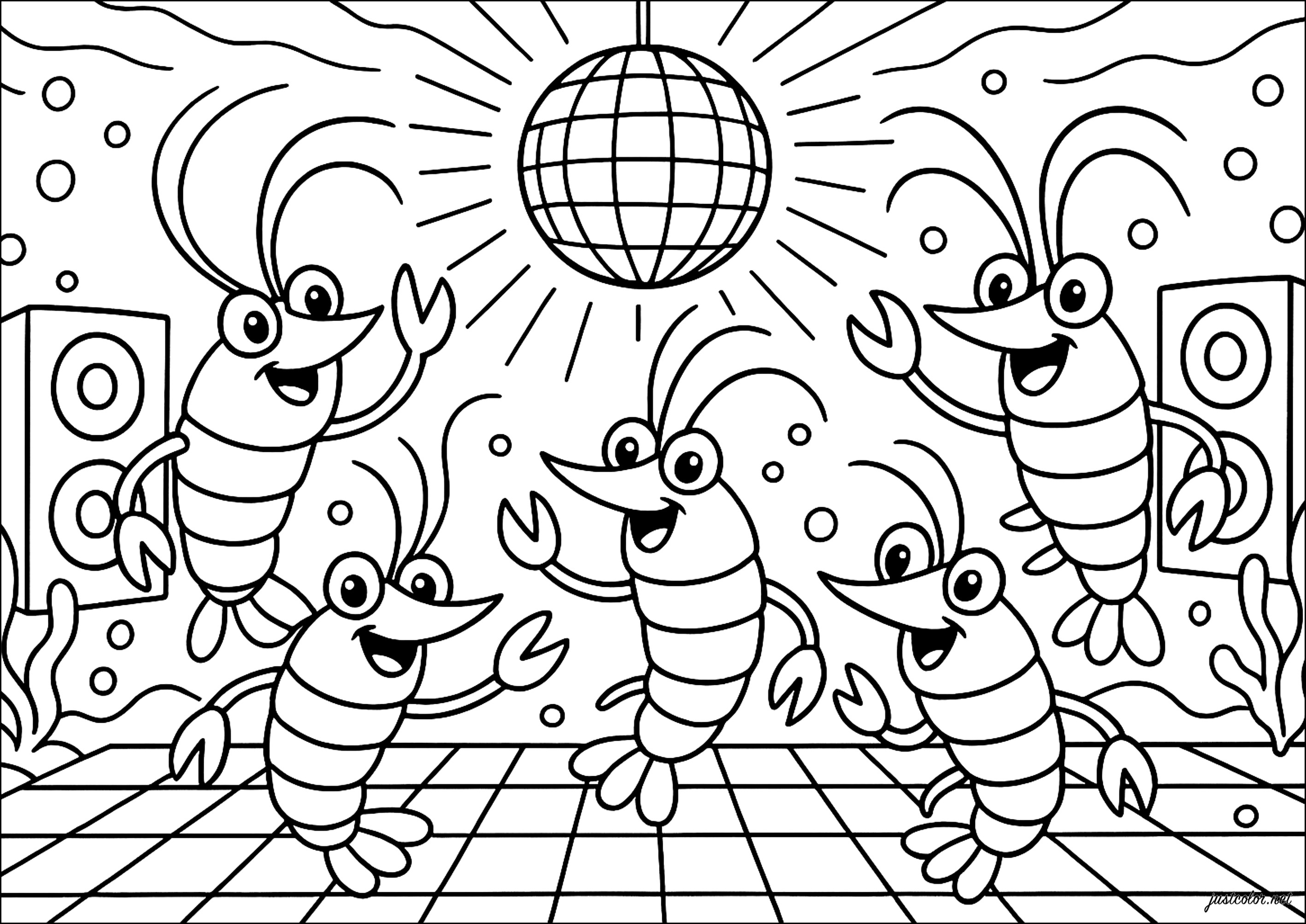 Unterwasserparty mit tanzenden Garnelen (Ausmalbild von Sea creatures zum Ausdrucken und Ausmalen für Kinder)