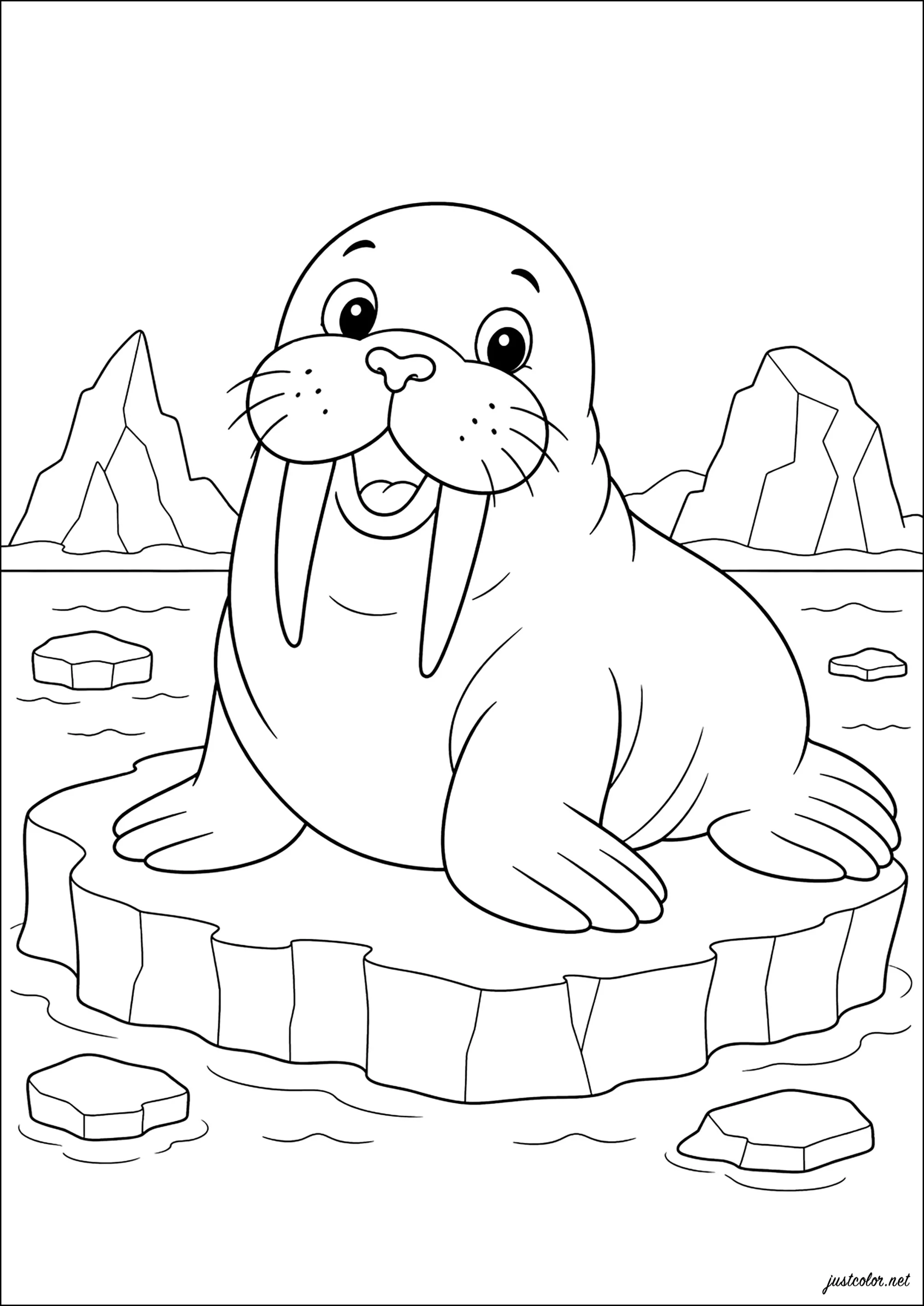 Morse glücklich auf treibendem Eis (Ausmalbild von Sea Creatures zum Ausdrucken und Ausmalen für Kinder)