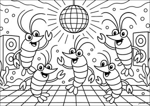 Unterwasserparty mit tanzenden Garnelen (Ausmalbild von Sea creatures)