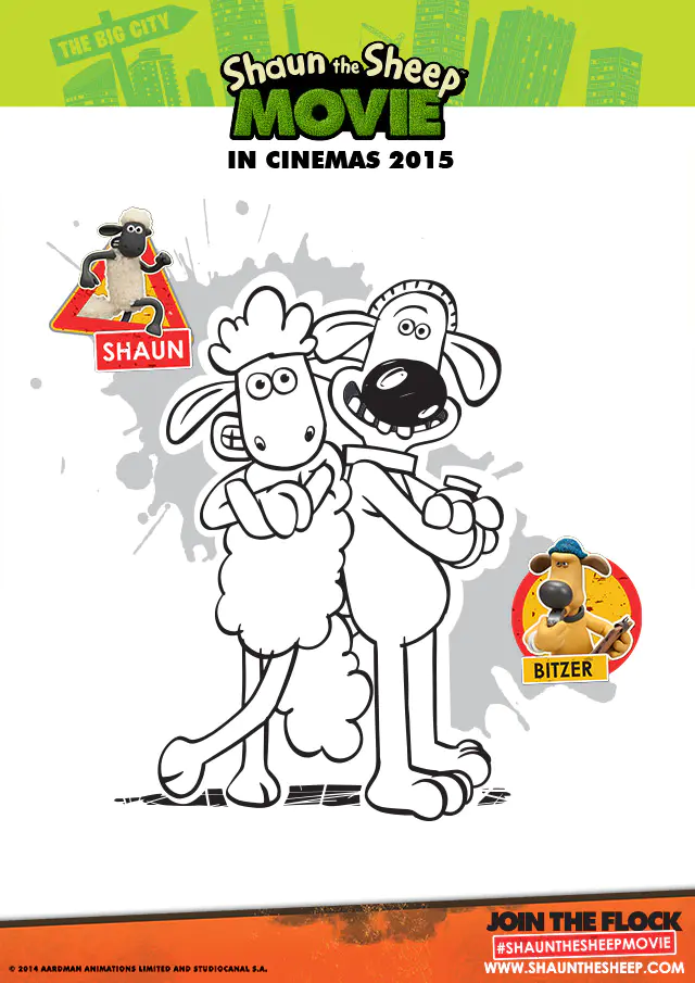 Shaun das Schaf mit Bitzer (Ausmalbild zum Ausdrucken und Ausmalen für Kinder)