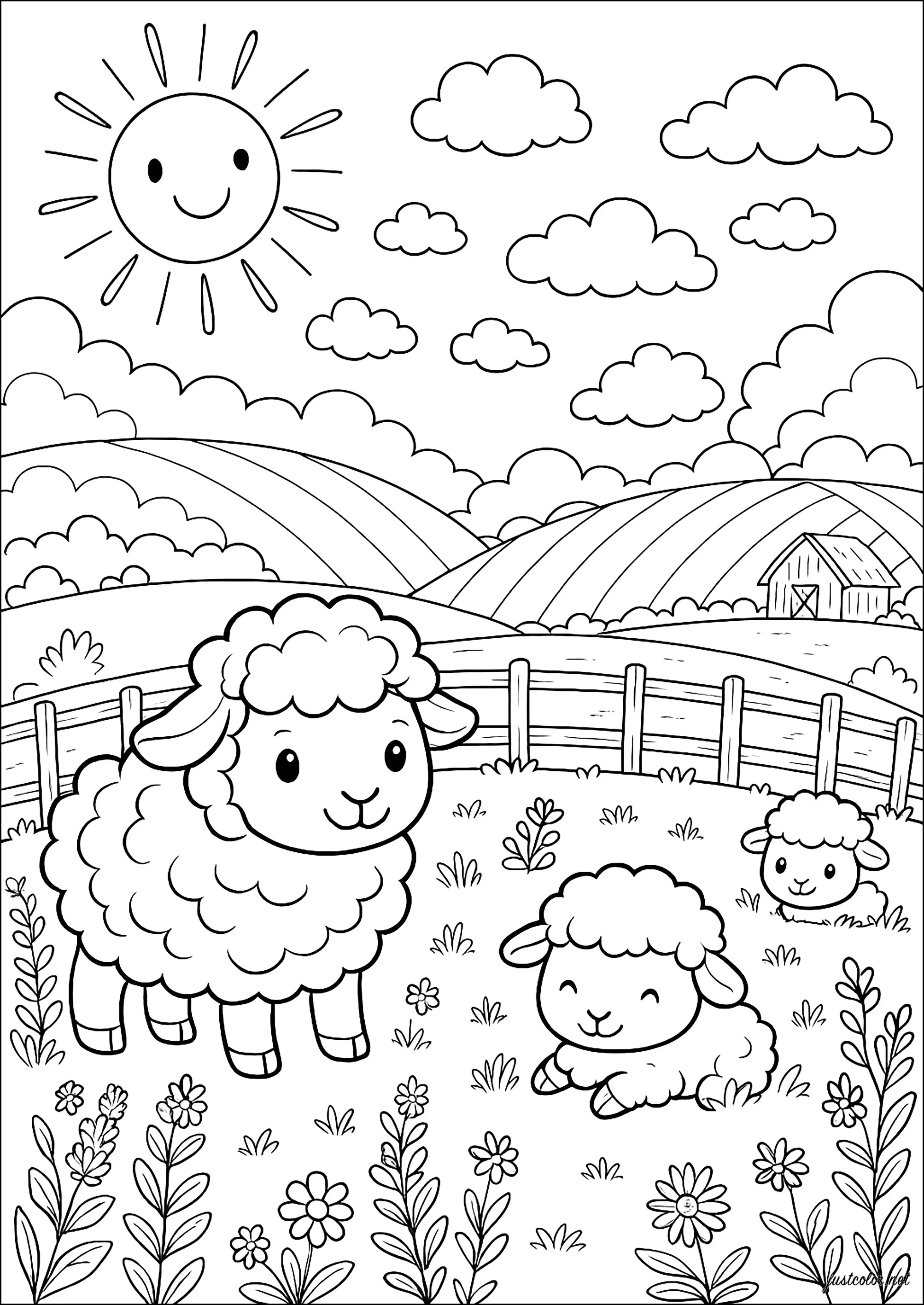 Friedlicher Garten mit süßen Schafen (Ausmalbild von Sheep zum Ausdrucken und Ausmalen für Kinder)