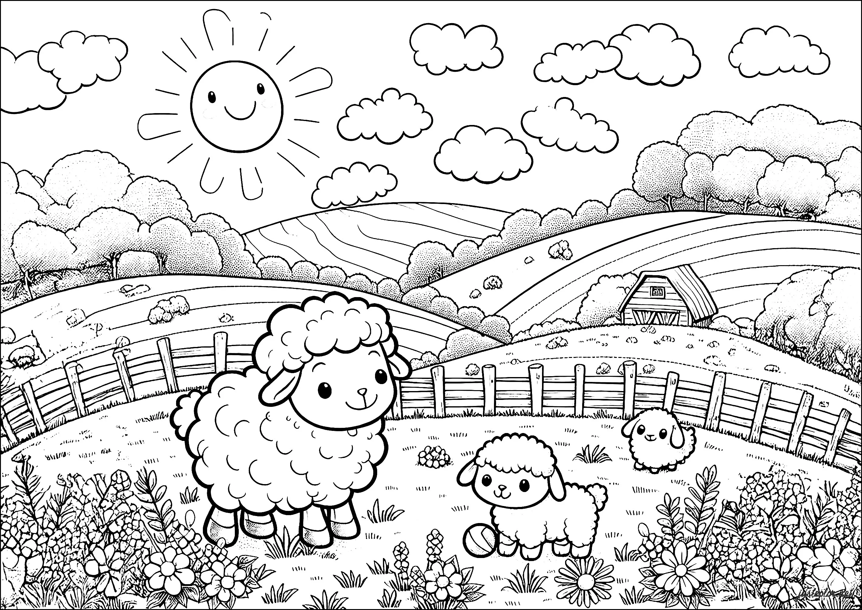 Lustige Schafe auf einem sonnigen Feld (Ausmalbild von Sheep zum Ausdrucken und Ausmalen für Kinder)
