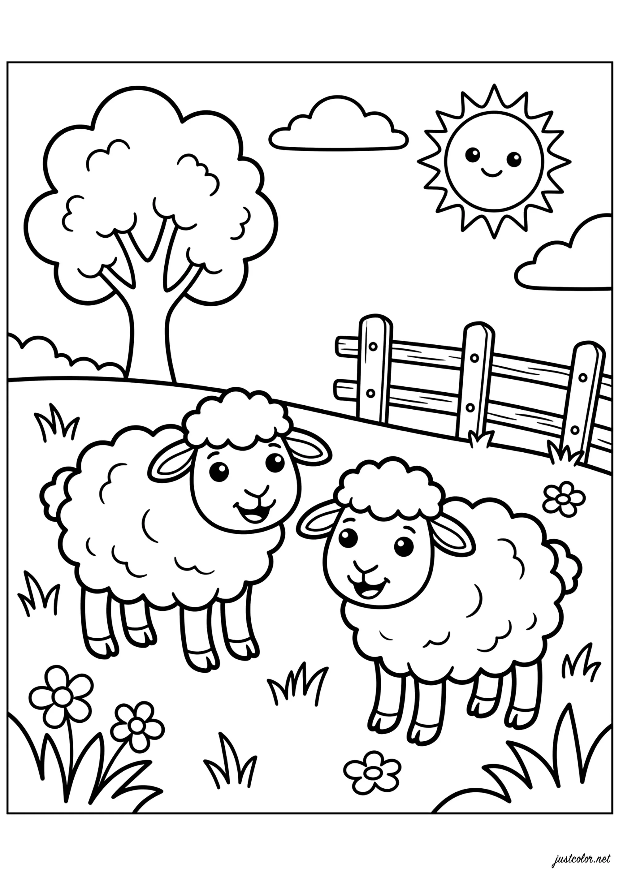 Zwei S auf einer sonnigen Wiese (Ausmalbild von Sheep zum Ausdrucken und Ausmalen für Kinder)