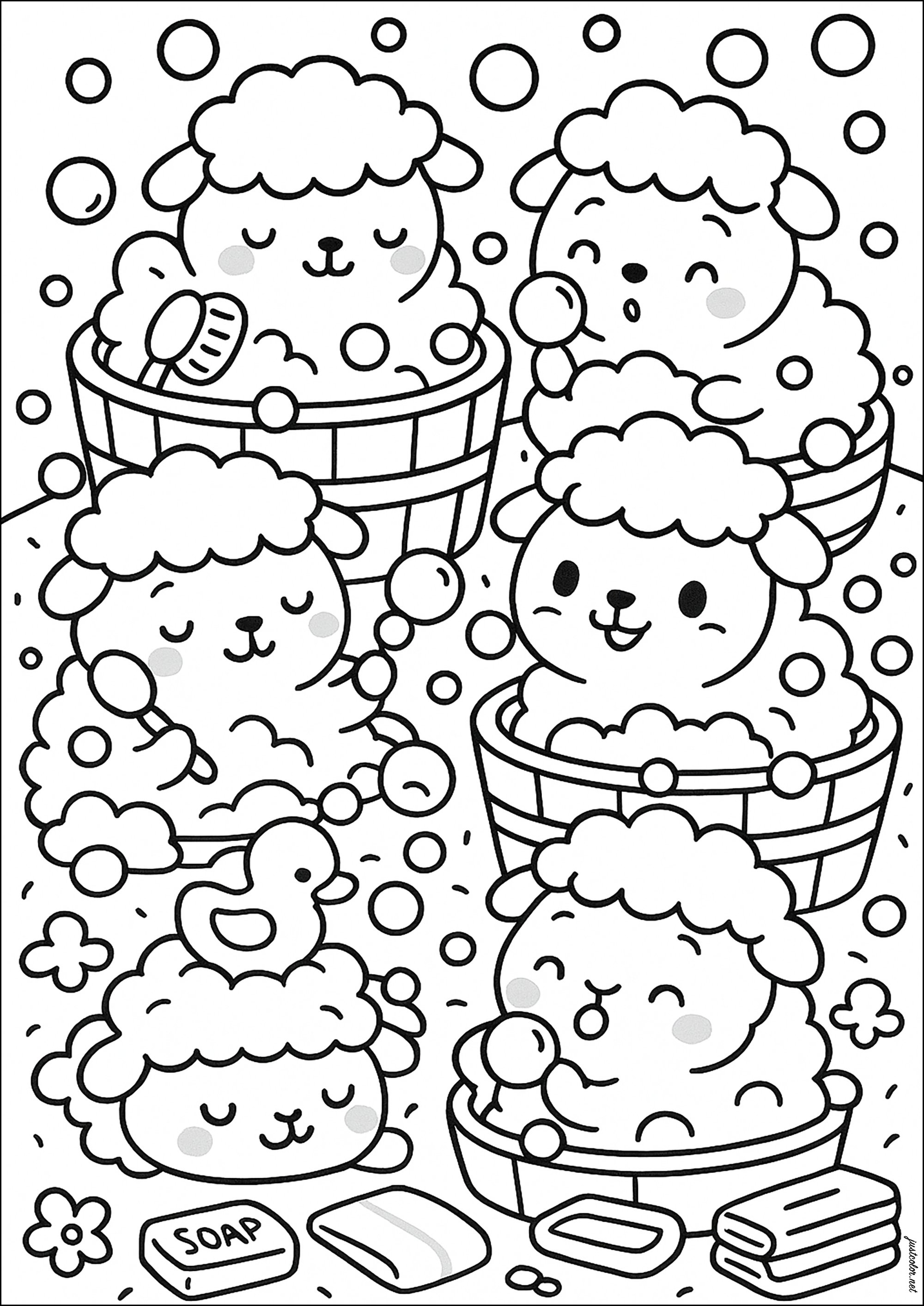 Die s waschen sich (Kawaii-Stil) (Ausmalbild von Sheep zum Ausdrucken und Ausmalen für Kinder)