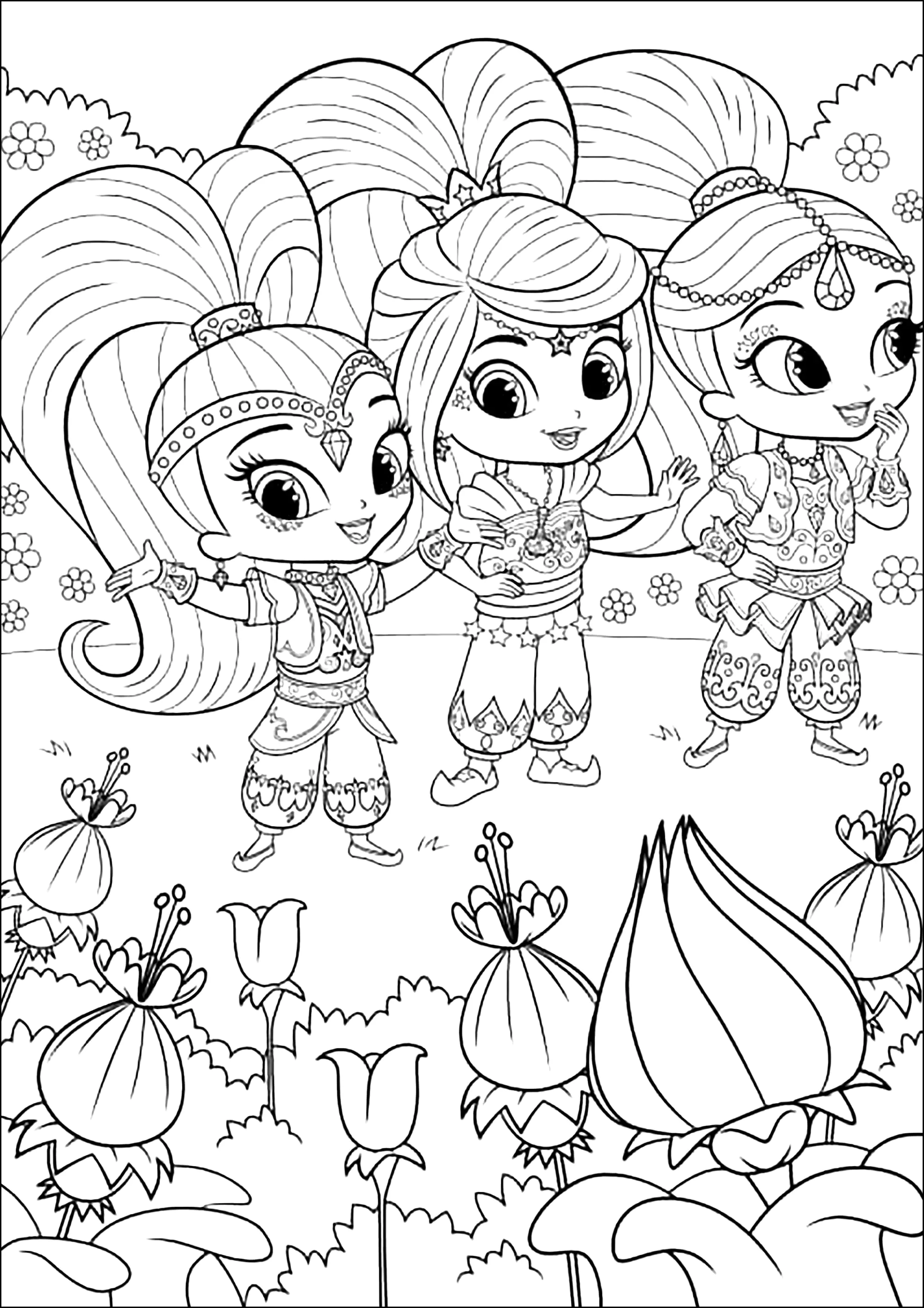 Shimmer und Shine mit Lea, mit hübschen Blumen (Ausmalbild von Shimmer And Shine zum Ausdrucken und Ausmalen für Kinder)