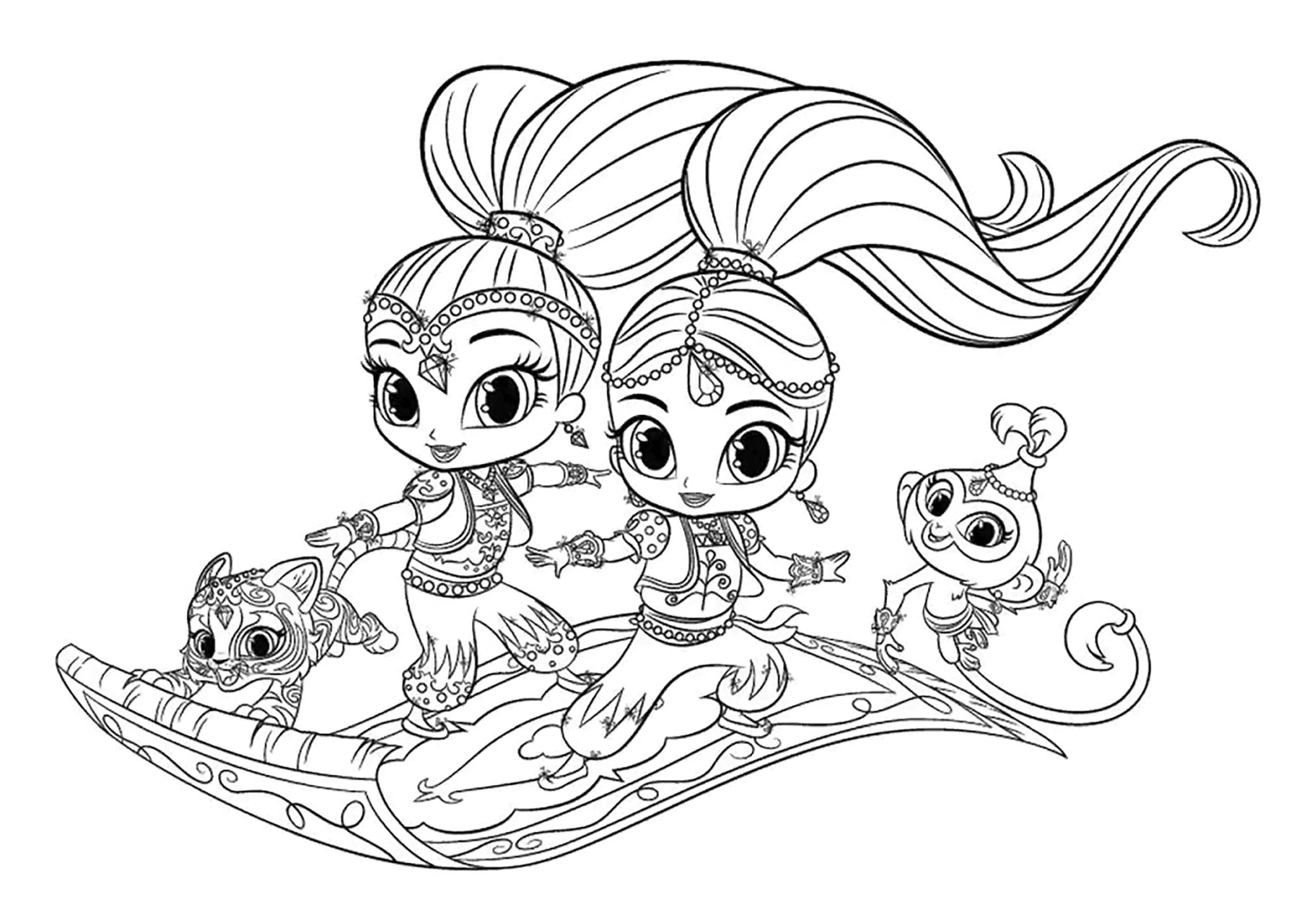 Auf einem fliegenden Teppich mit Tala (Ausmalbild von Shimmer And Shine zum Ausdrucken und Ausmalen für Kinder)
