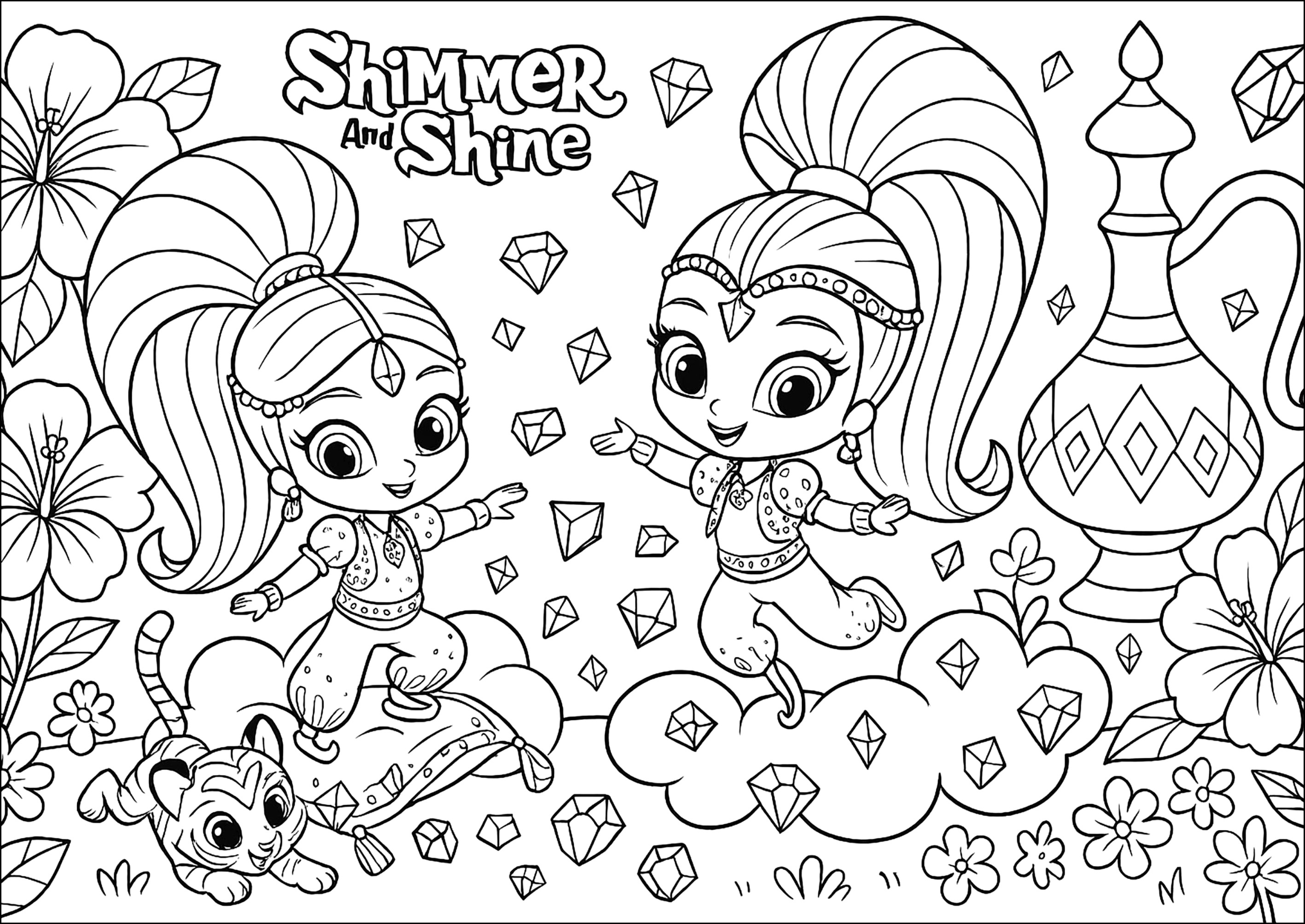 Magische Abenteuer auf dem Fliegenden Teppich (Ausmalbild von Shimmer And Shine zum Ausdrucken und Ausmalen für Kinder)