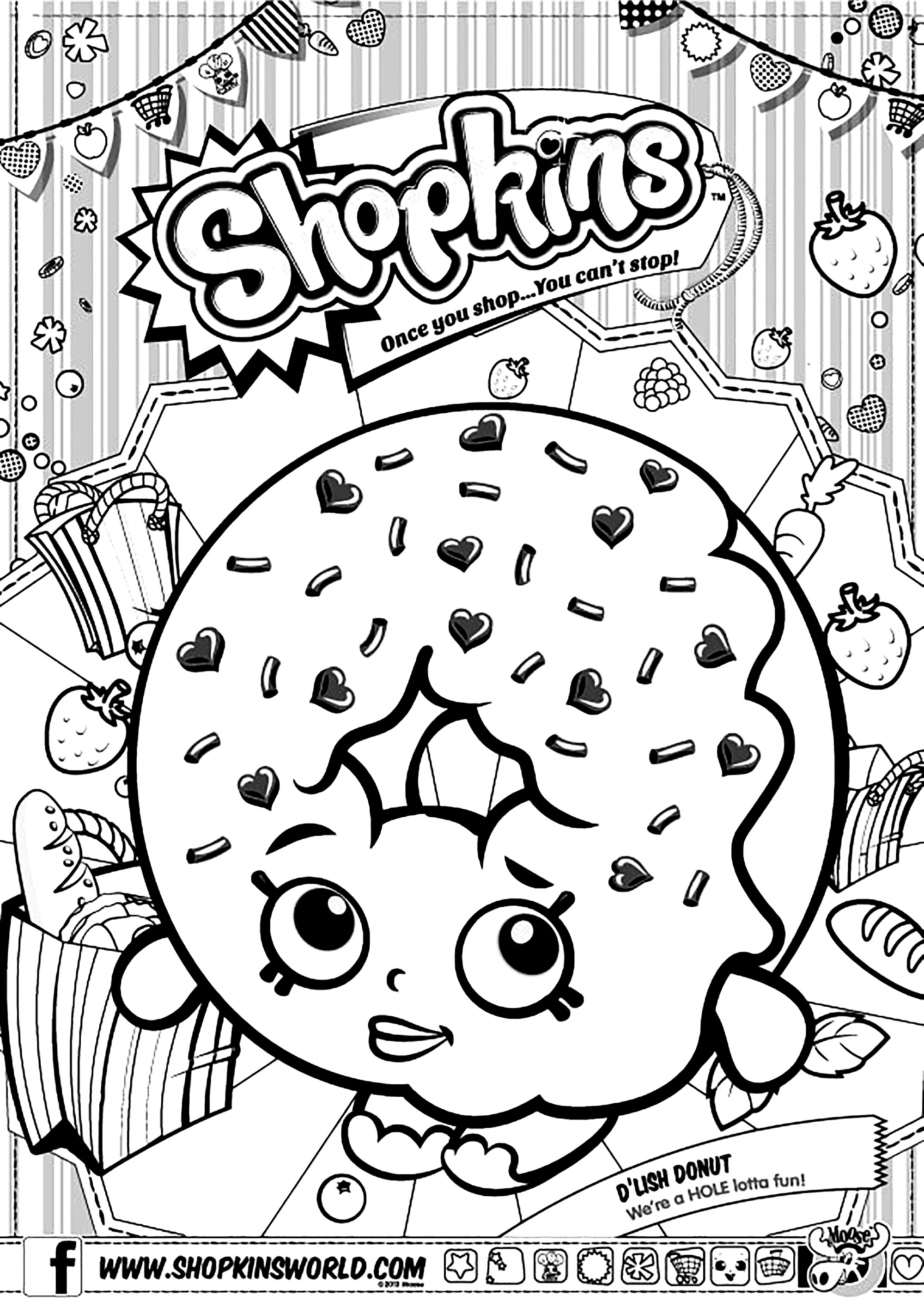 Shopkins: D'Lish Donut lässt sich nicht verbessern, da es sich um einen Produktnamen handelt. Die Übersetzung ins Deutsche wäre Shopkins: D'Lish Donut. (Ausmalbild zum Ausdrucken und Ausmalen für Kinder)