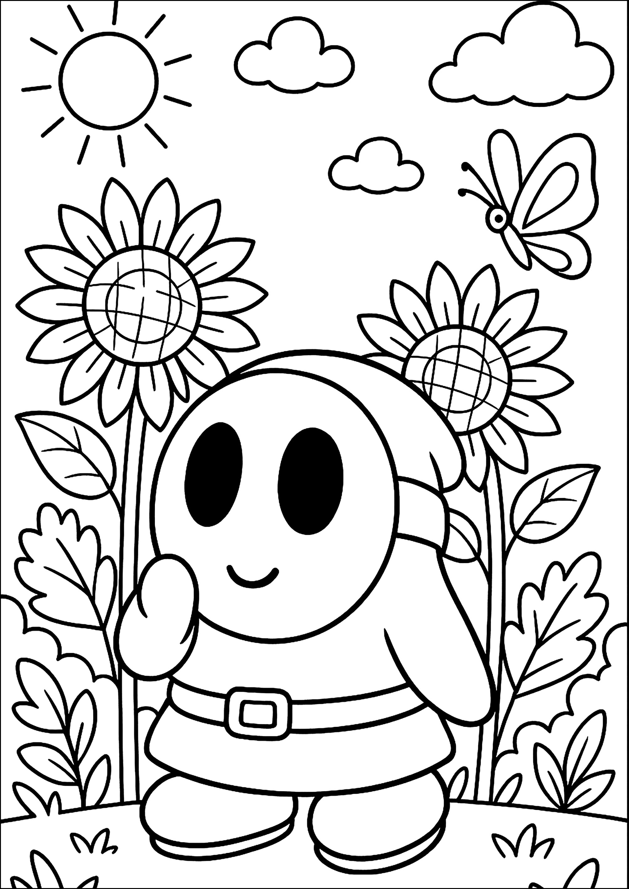 Kleine Figur inmitten der Blumen (Ausmalbild von Shy Guy zum Ausdrucken und Ausmalen für Kinder)