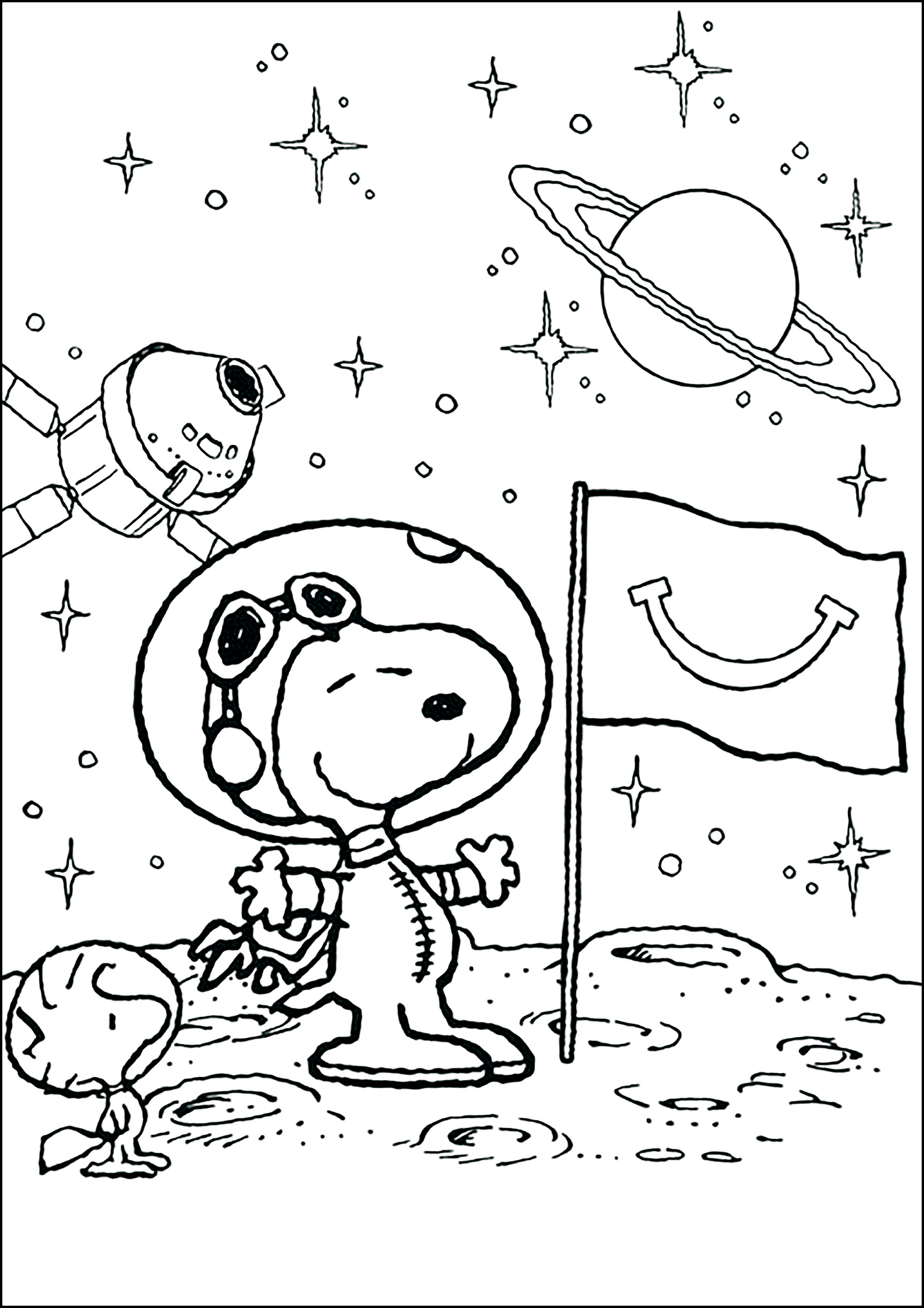 Snoopy der Astronaut entdeckt den Mond mit Woodstock. (Ausmalbild zum Ausdrucken und Ausmalen für Kinder)