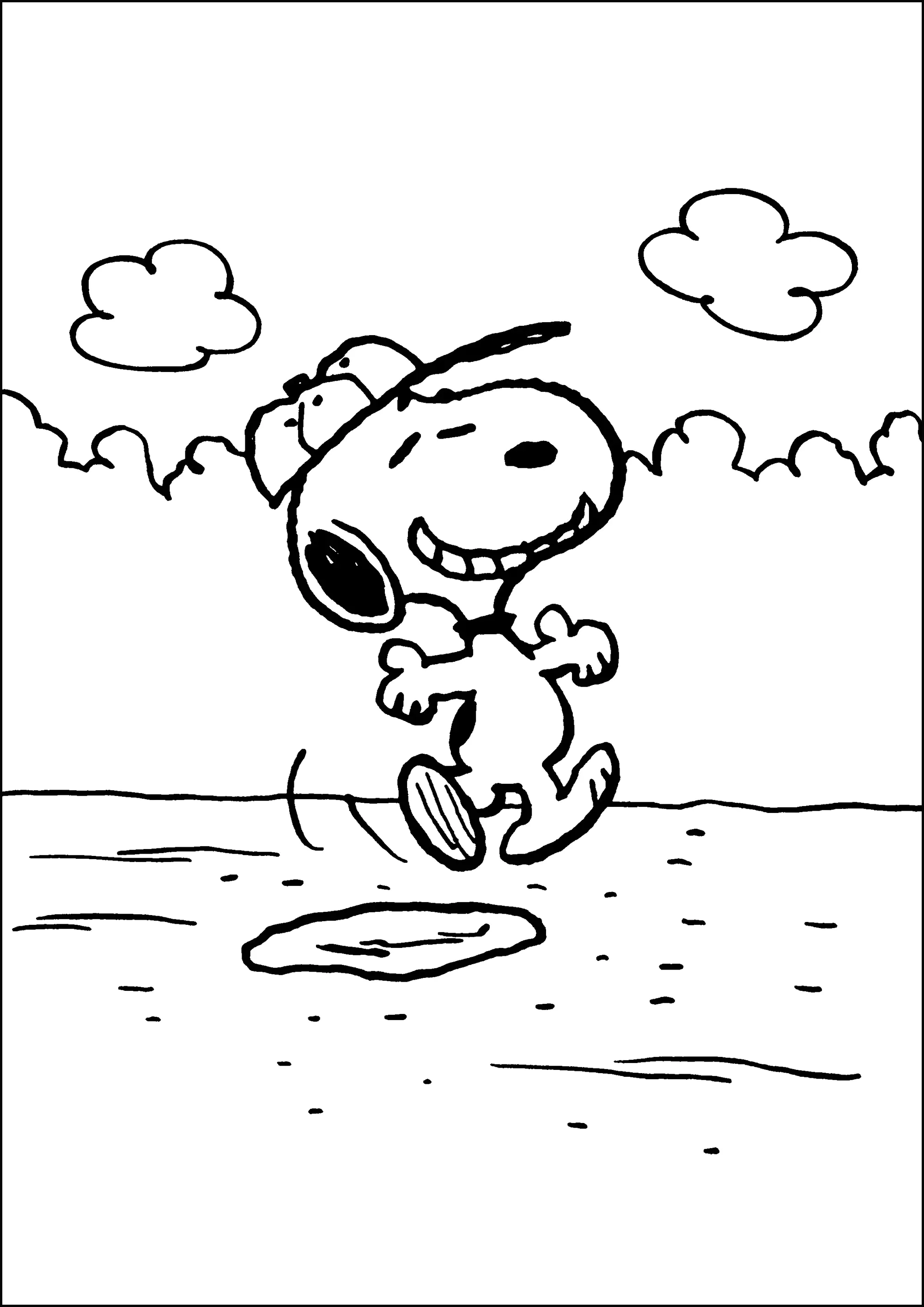 Snoopy hüpft mit einer Kappe. (Ausmalbild zum Ausdrucken und Ausmalen für Kinder)