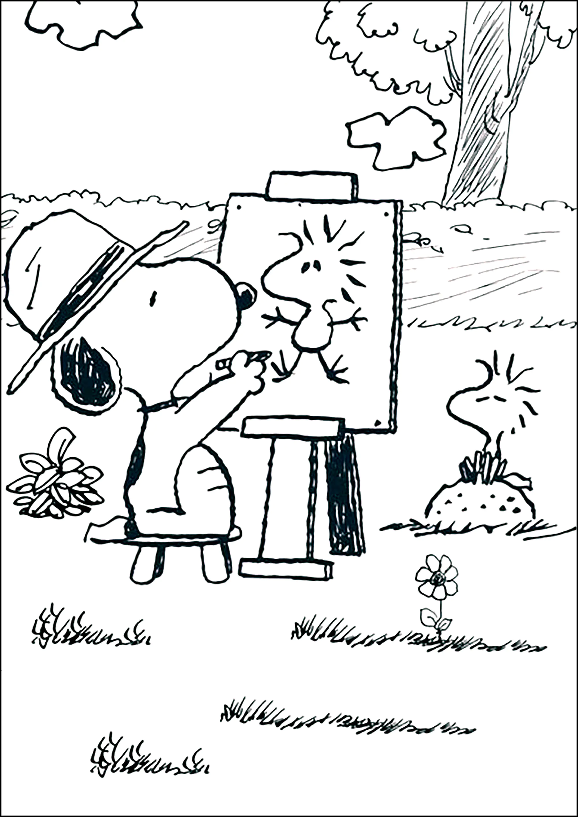 Snoopy malt ein Bild von Woodstock. (Ausmalbild zum Ausdrucken und Ausmalen für Kinder)