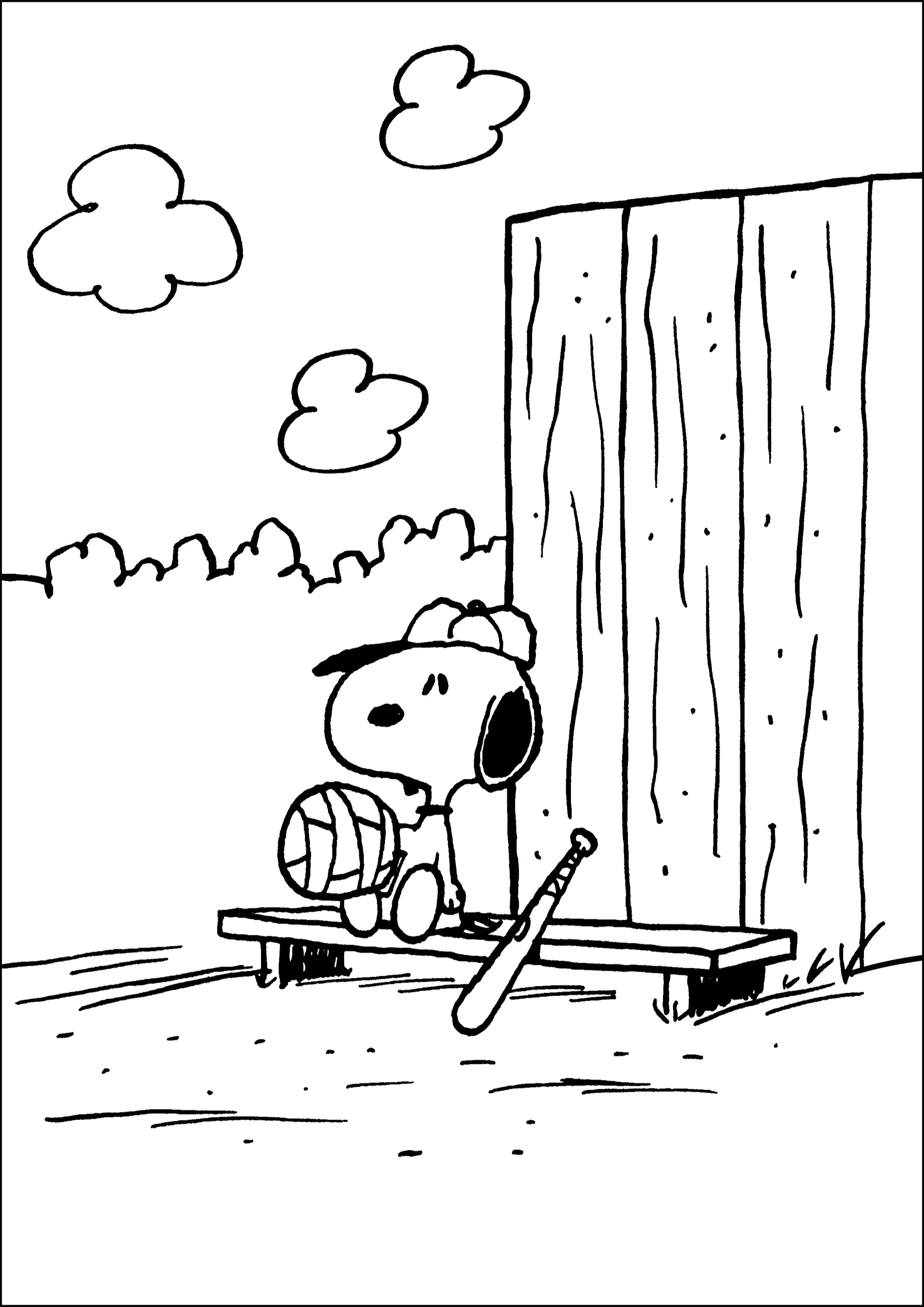 Snoopy ist bereit, ein Baseballspiel zu spielen. (Ausmalbild zum Ausdrucken und Ausmalen für Kinder)