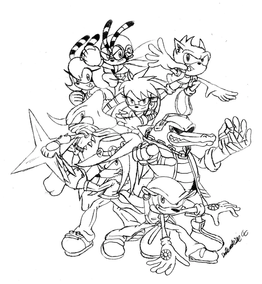 Mehrere Charaktere aus dem Videospiel Sonic. (Ausmalbild zum Ausdrucken und Ausmalen für Kinder)